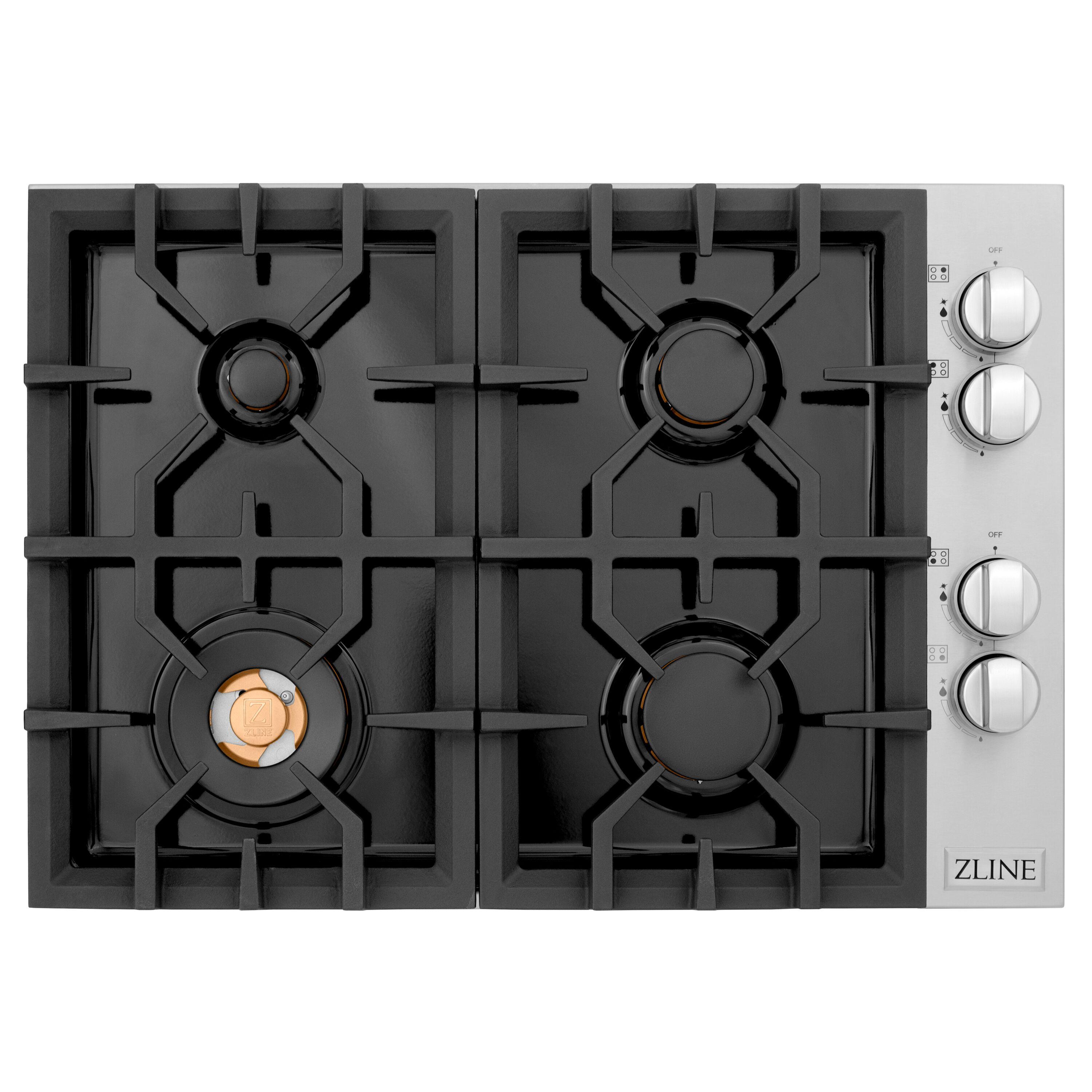 ZLINE 30" Gas Cooktop with 4 Gas Brass Burners and Black Porcelain Top