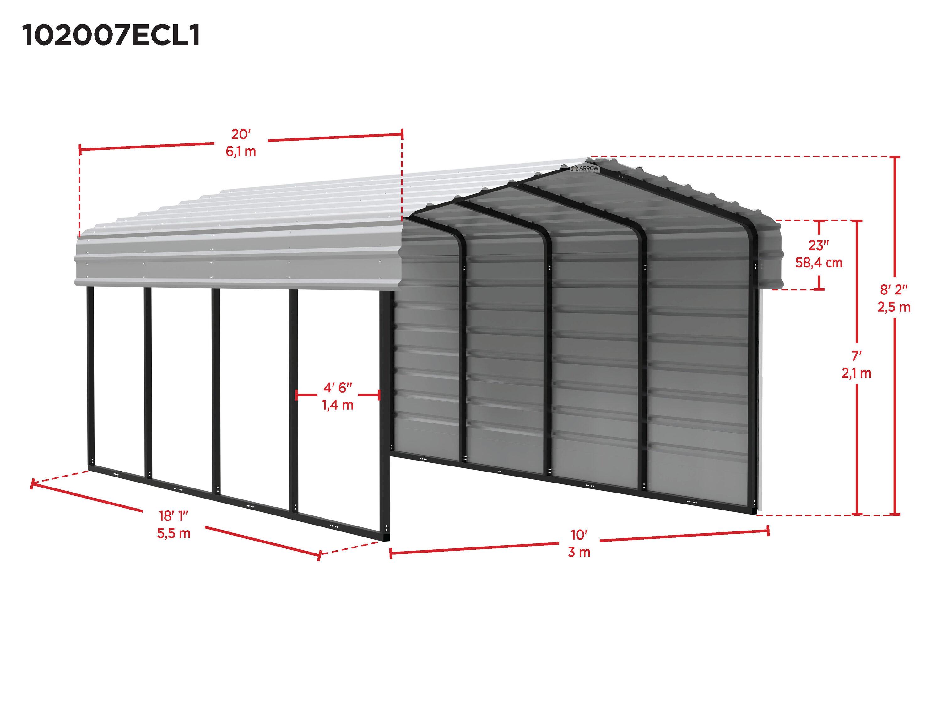 Arrow Arrow Steel Carport with 1 Side Wall Kit, 10X20X07