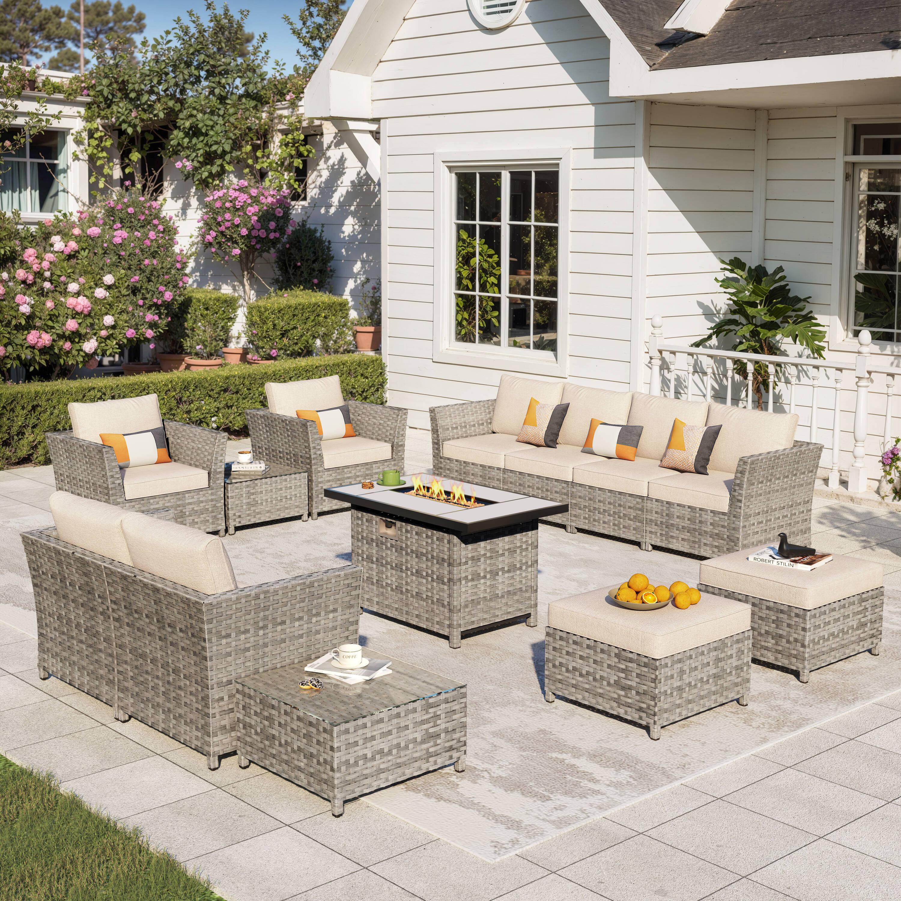 Ovios Venice 8pc Wicker Outdoor Patio Furniture Set Conversation Sofa with a Storage Fire Pit and Navy Blue Cushions