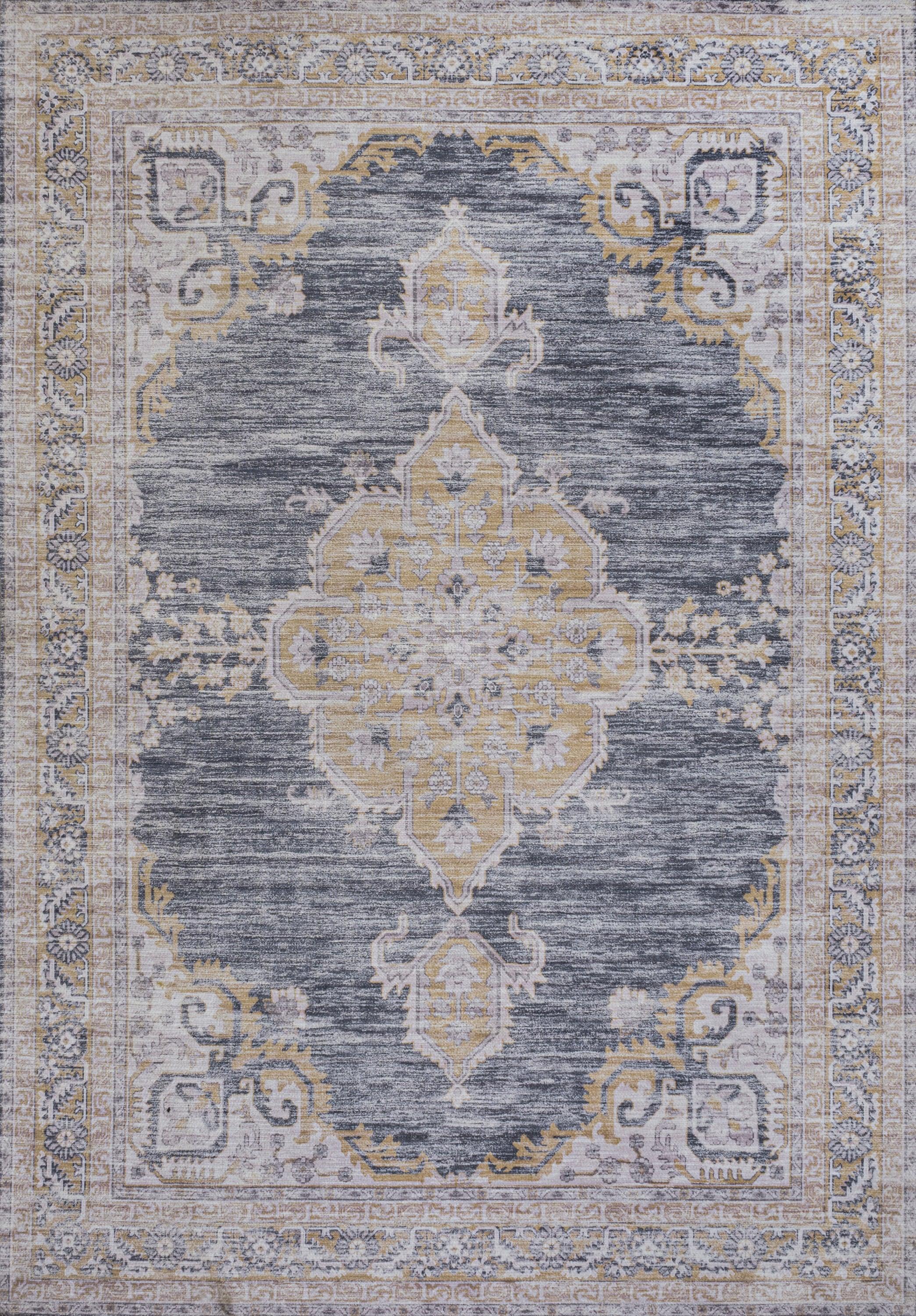 Wincer Chenille Cottage Medallion Machine-Washable Dark Gray/Yellow 3 ft. x 5 ft. Area Rug - JONATHAN Y