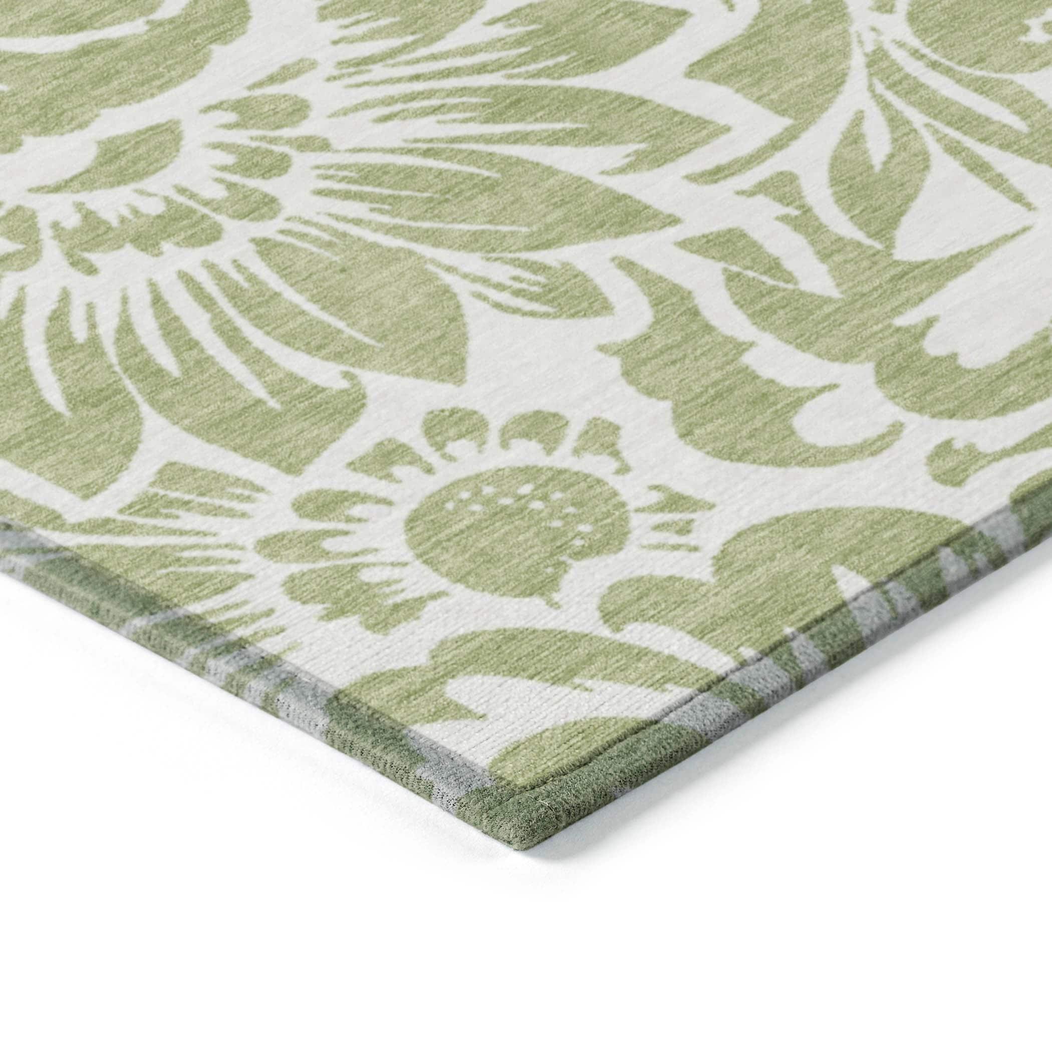 Aloe Green Floral Synthetic Washable 3' x 5' Area Rug