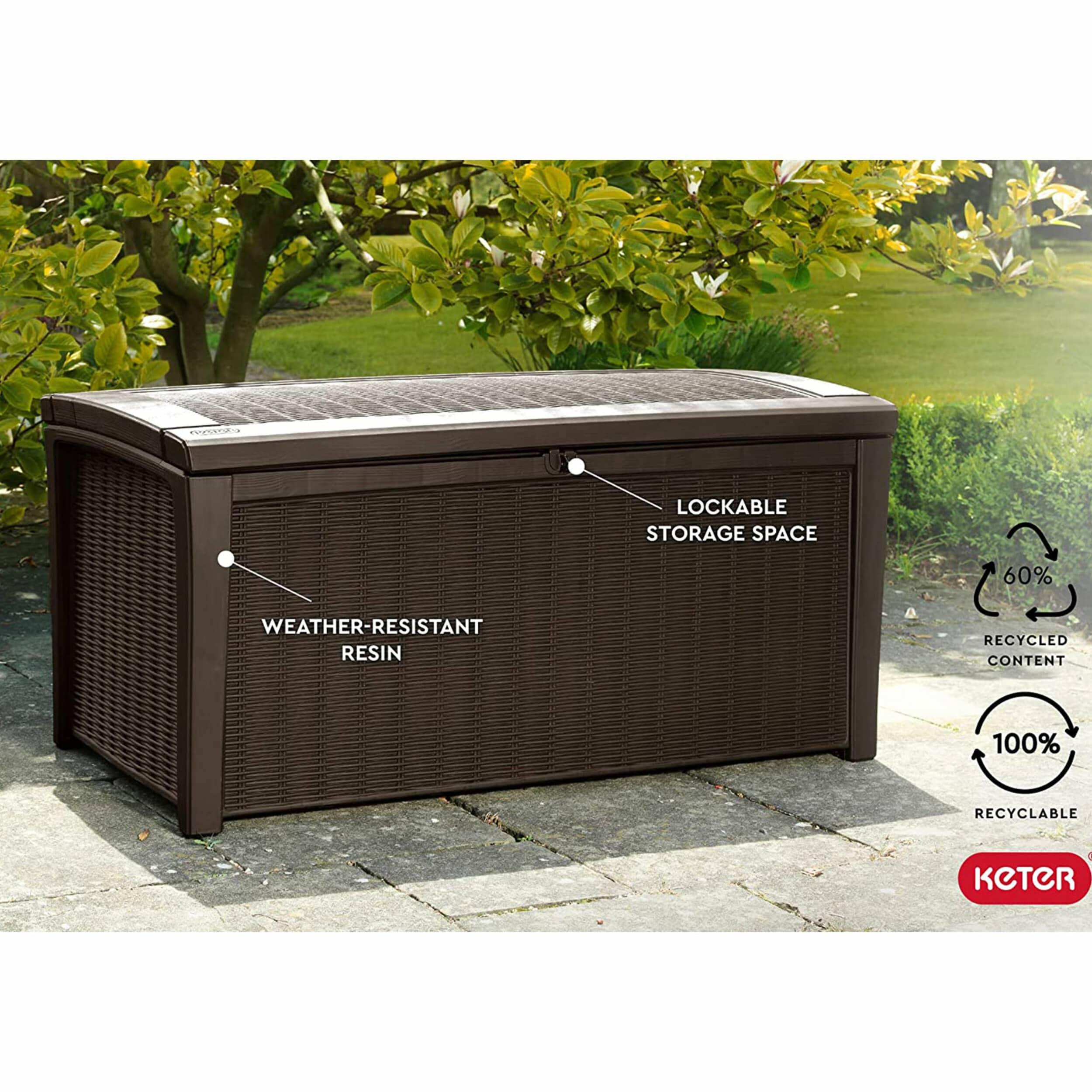 Keter Borneo 110 Gallon Rattan Wicker Resin Patio Deck Storage Box Bench