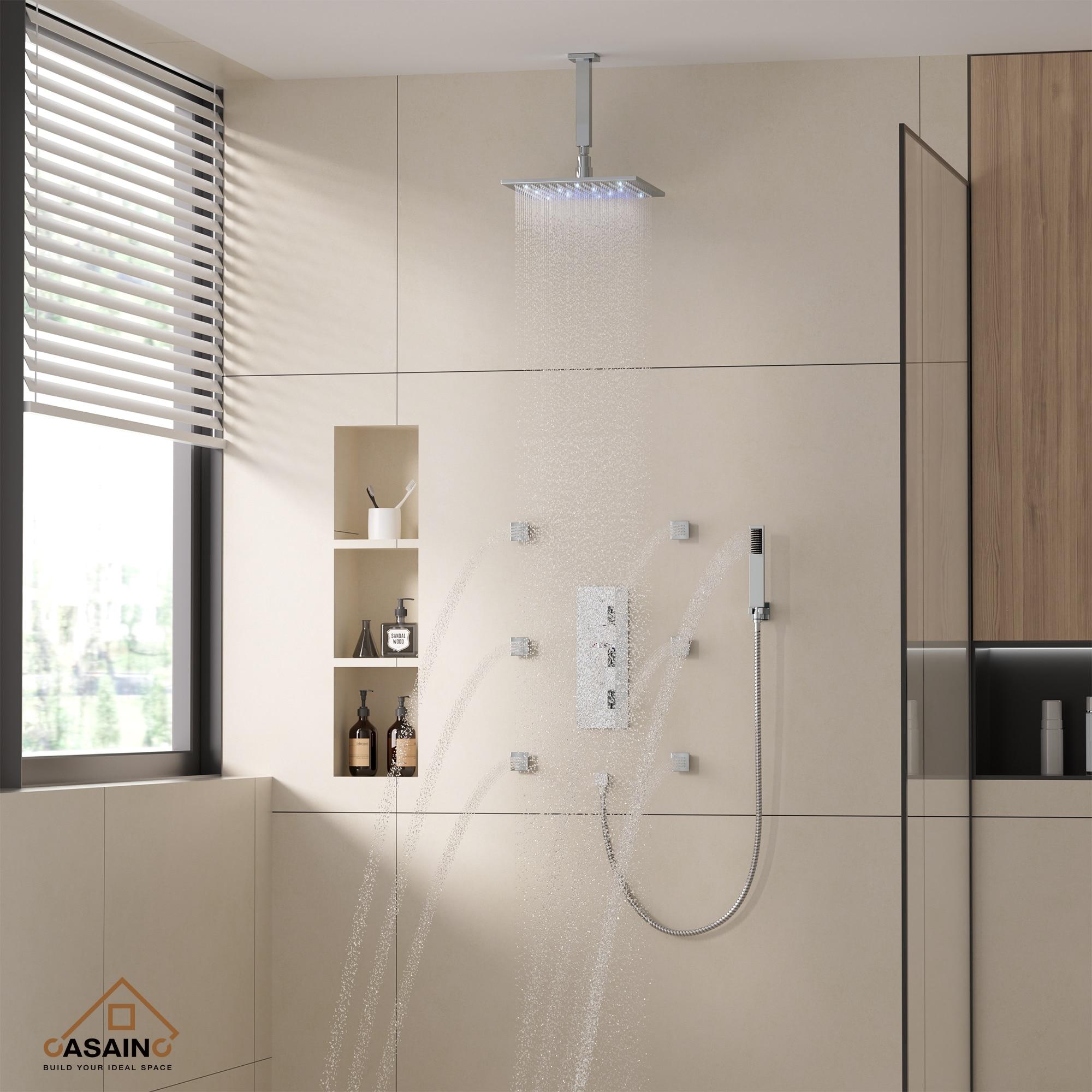 3-Function Luxury Ceiling Mount 12 Inch LED Thermostatic Shower System with 6 Body Jets