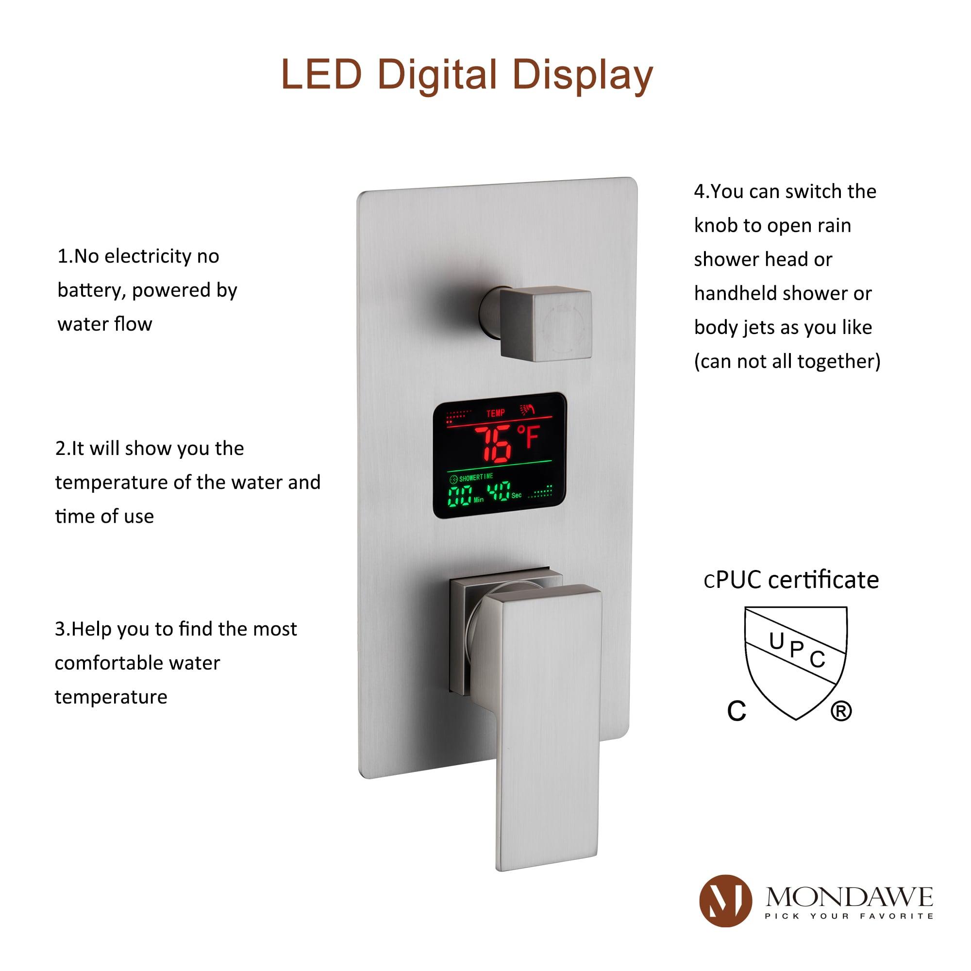 LED Display 3 Spray Patterns 12in. Ceiling Mount Fixed and Handheld Shower Head in Brushed Nickel 2.5 GPM Valve Included