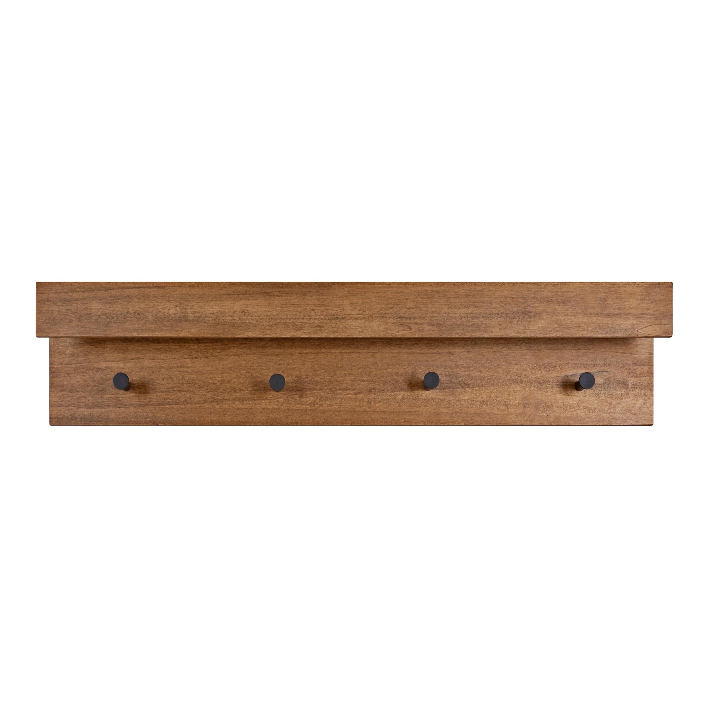 Kate and Laurel Levie Farmhouse 4-Knob Wall Shelf, 36 x 7.5 x 4.5, Rustic Brown and Black, Modern Accent Shelf and Coat Hooks for Hanging