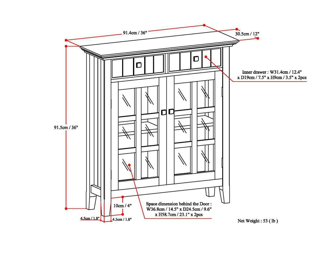 Simpli Home Acadian 36"W Solid Wood 2-Shelf Entryway Storage Cabinet with Glass Doors and 2 Drawers