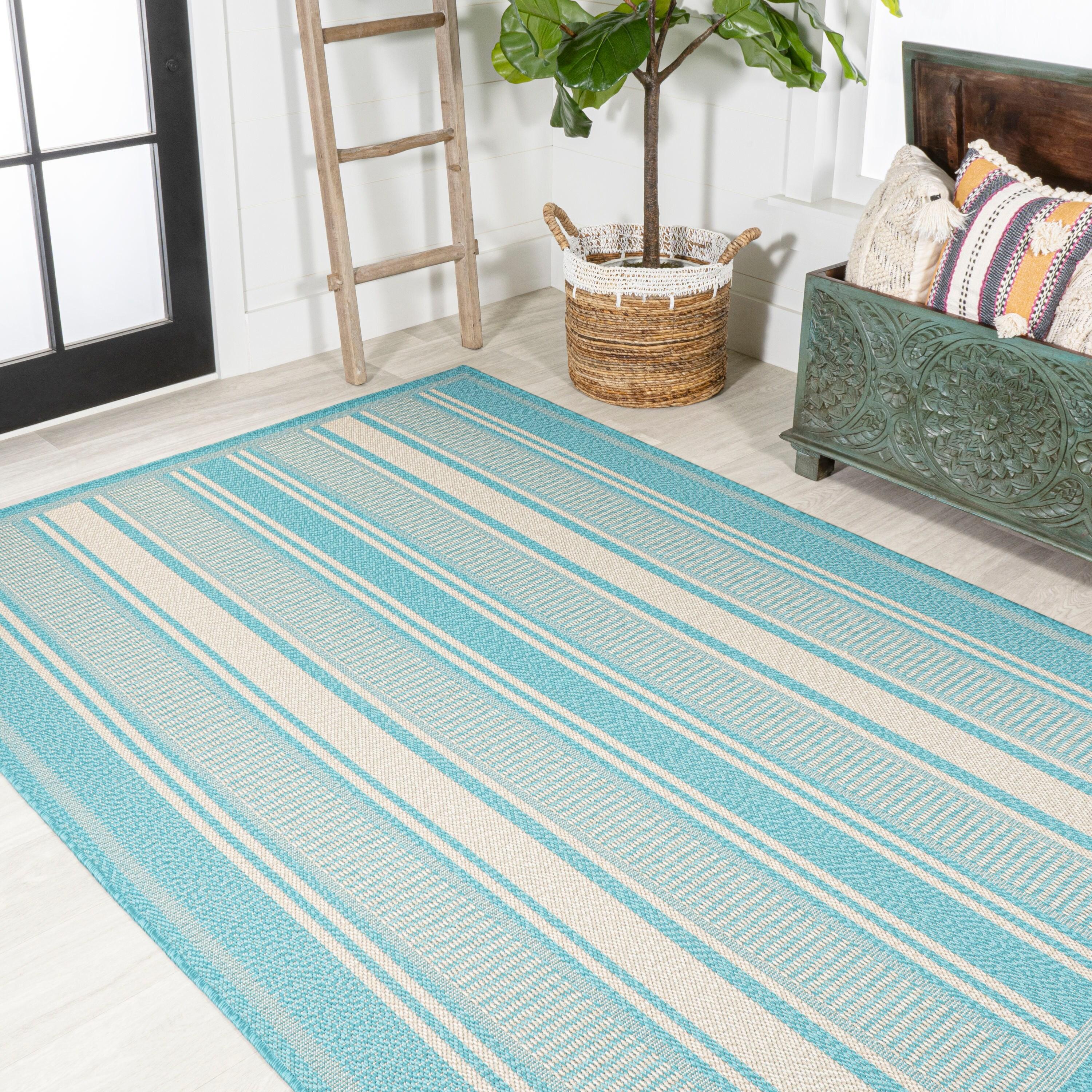 3' x 5' Haynes Modern Double Stripe Indoor/Outdoor Area Rug, Aqua/Beige - JONATHAN Y