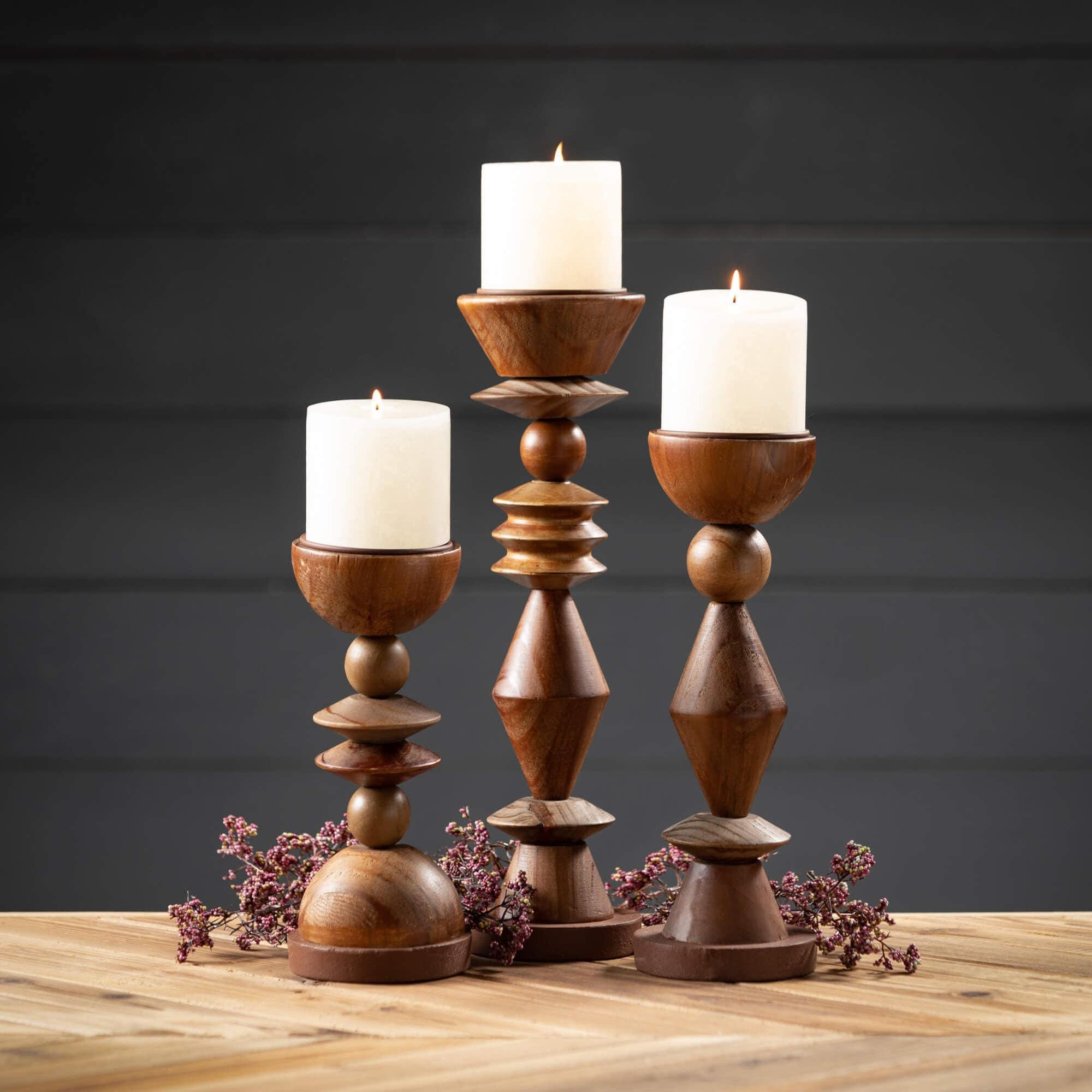 Sullivans 15.75", 12.5" & 10.25" Retro Wood Candle Holder Set of 3