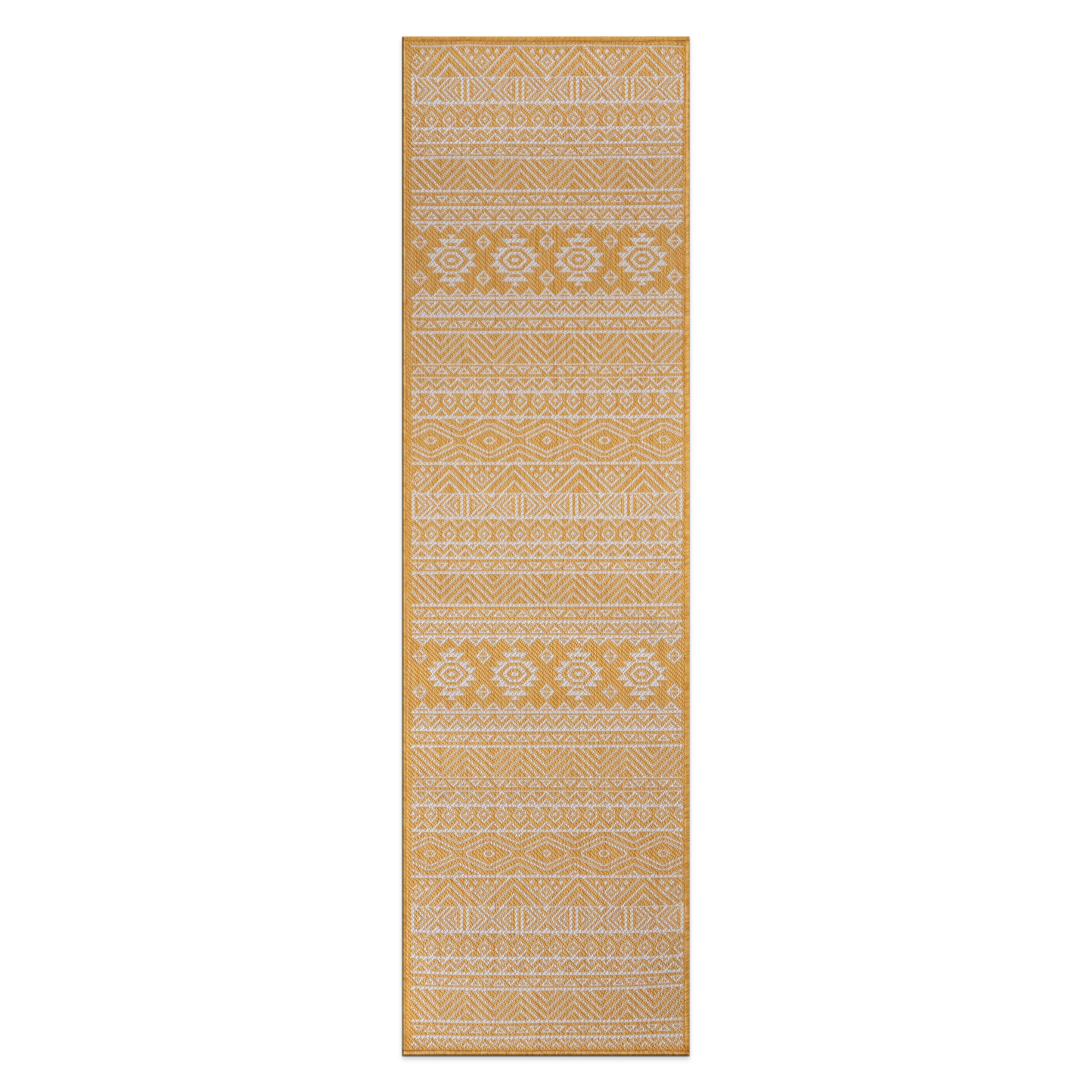 World Rug Gallery Distressed Geometric Bohemian Textured Flat Weave Indoor/Outdoor Area Rug - YELLOW 2'x7'