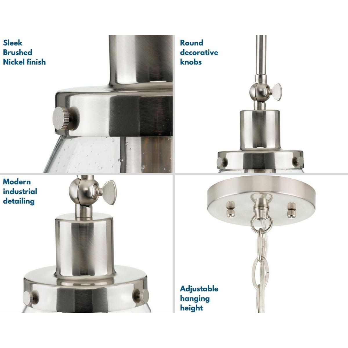 Progress Lighting Hinton 1-Light Industrial Pendant, Brushed Nickel, Seeded Glass Shade