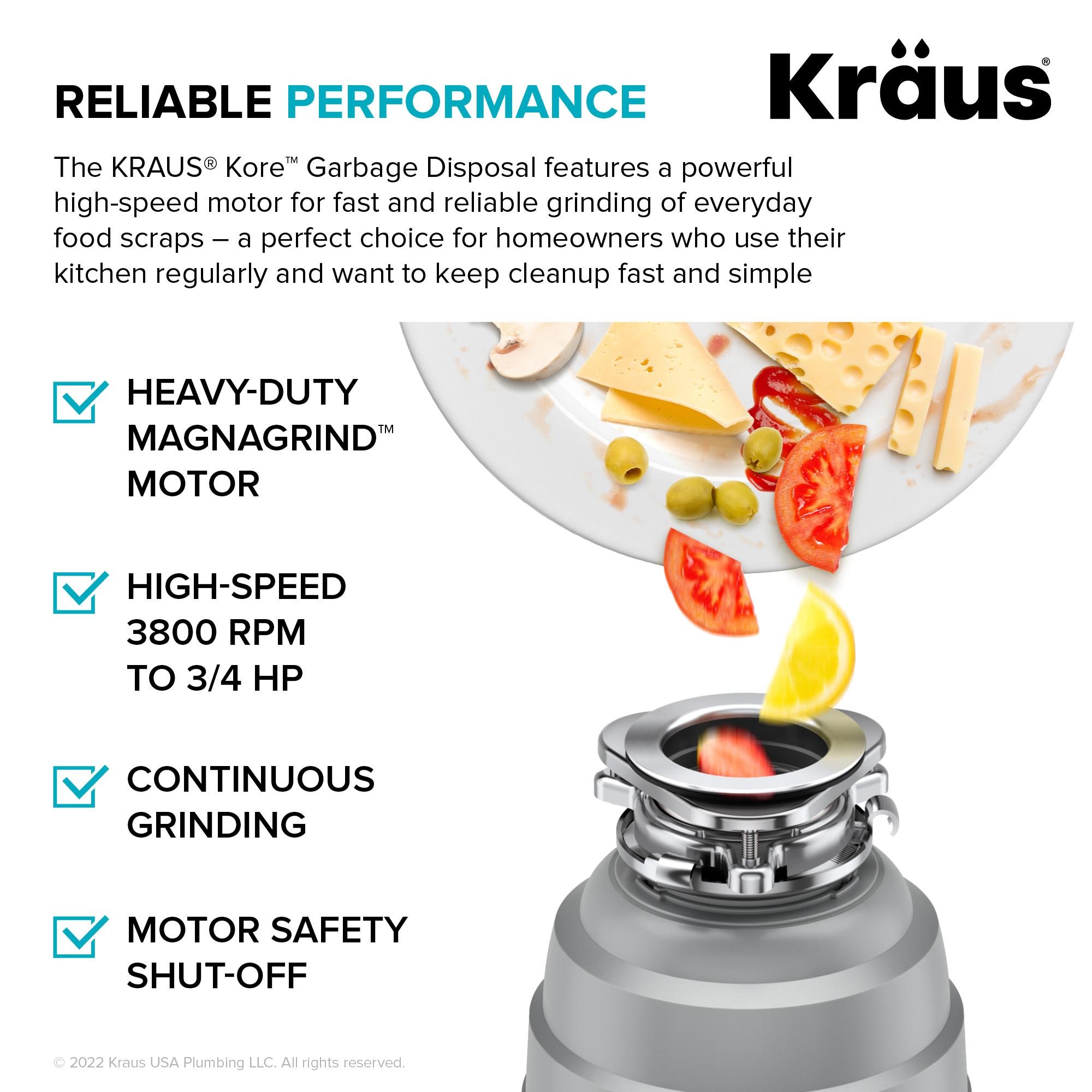 KRAUS Wasteguard High-Speed 3/4 HP Continuous Feed Ultra-Quiet Motor Garbage Disposal With Power Cord And Flange Included And Universal Mount, KWD210-75MGR