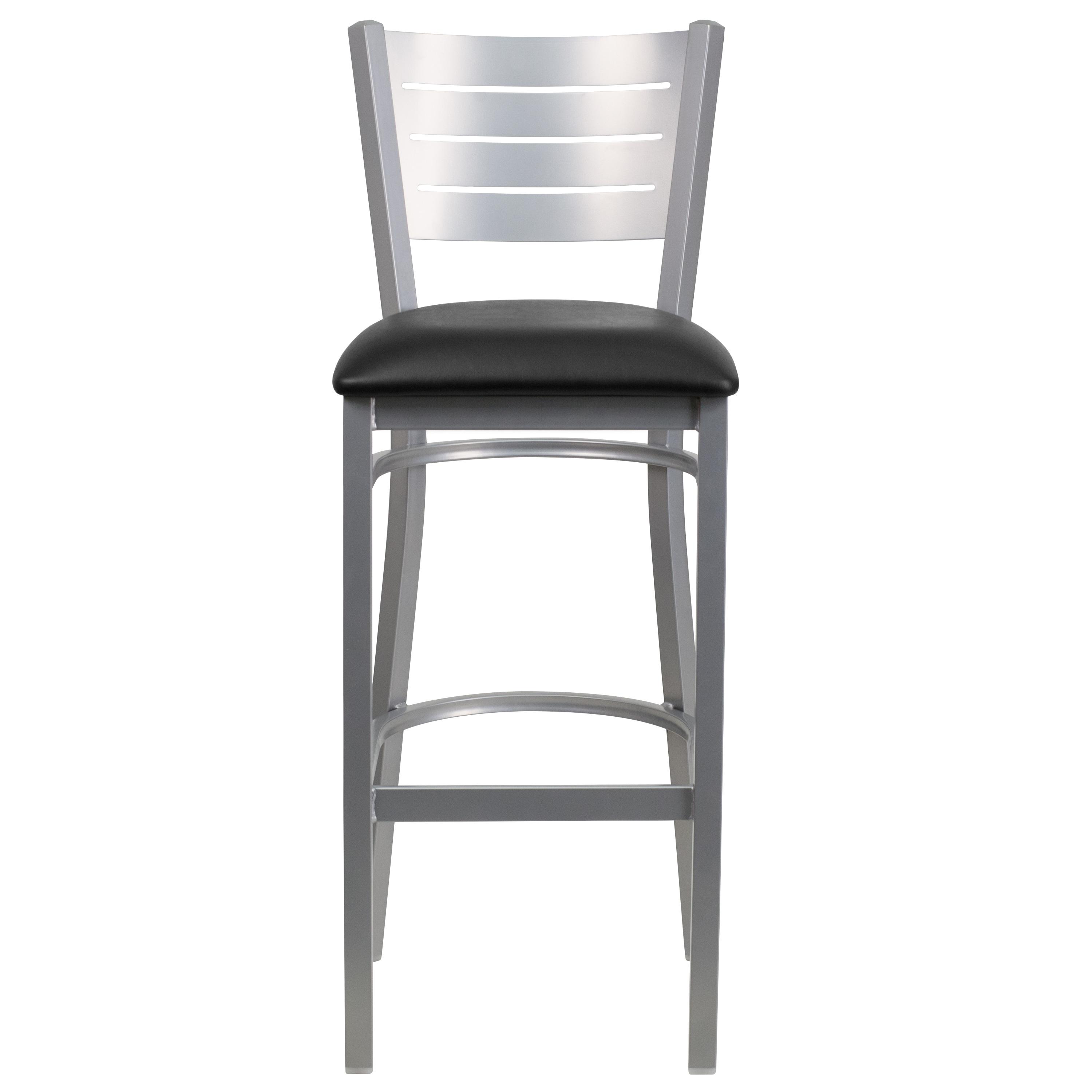 Flash Furniture HERCULES Series Silver Slat Back Metal Restaurant Barstool - Black Vinyl Seat