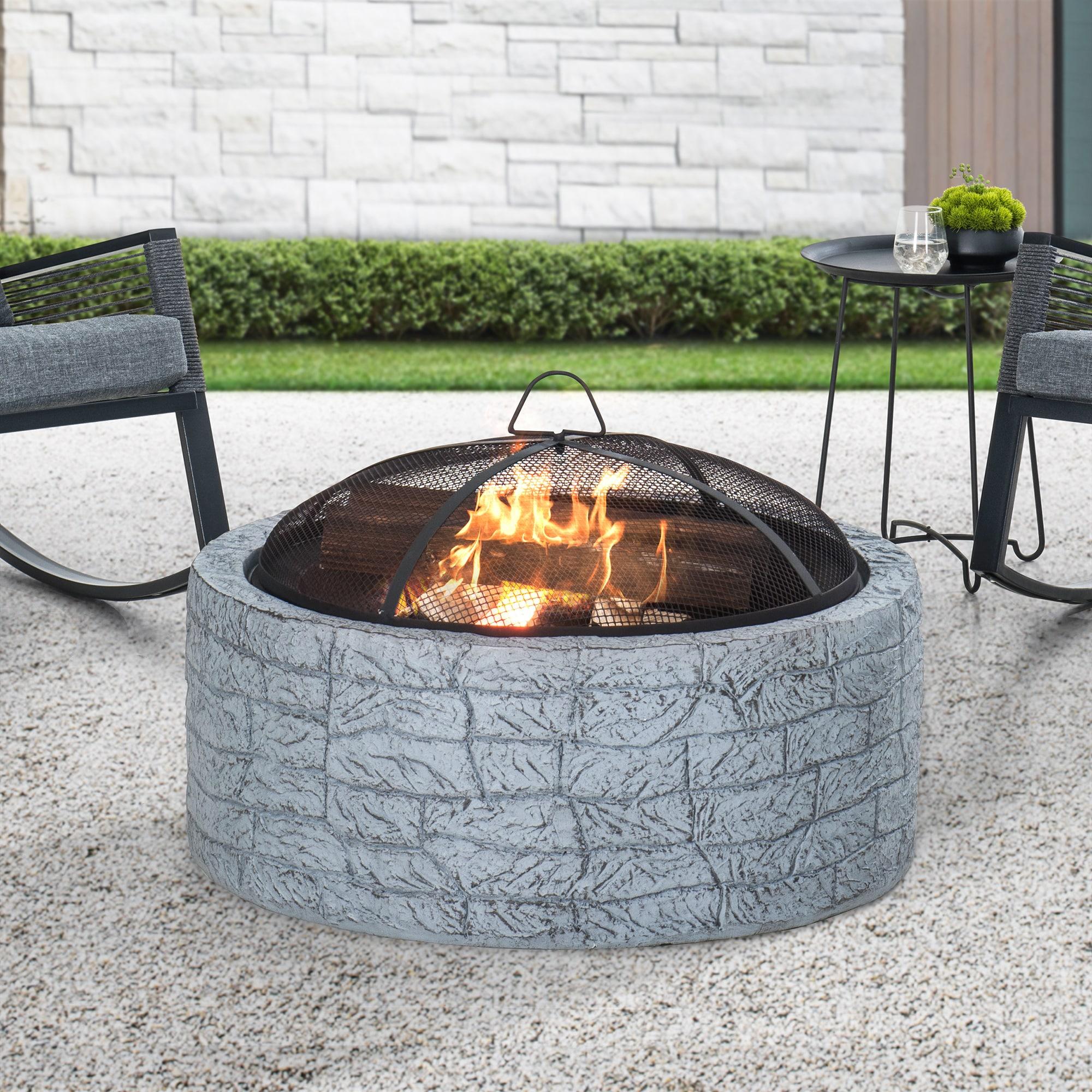 Sunjoy Stone Fire Pit 26 Inch, Outdoor Round Wood Burning Fire Pits with Spark Screen and Poker  Grey