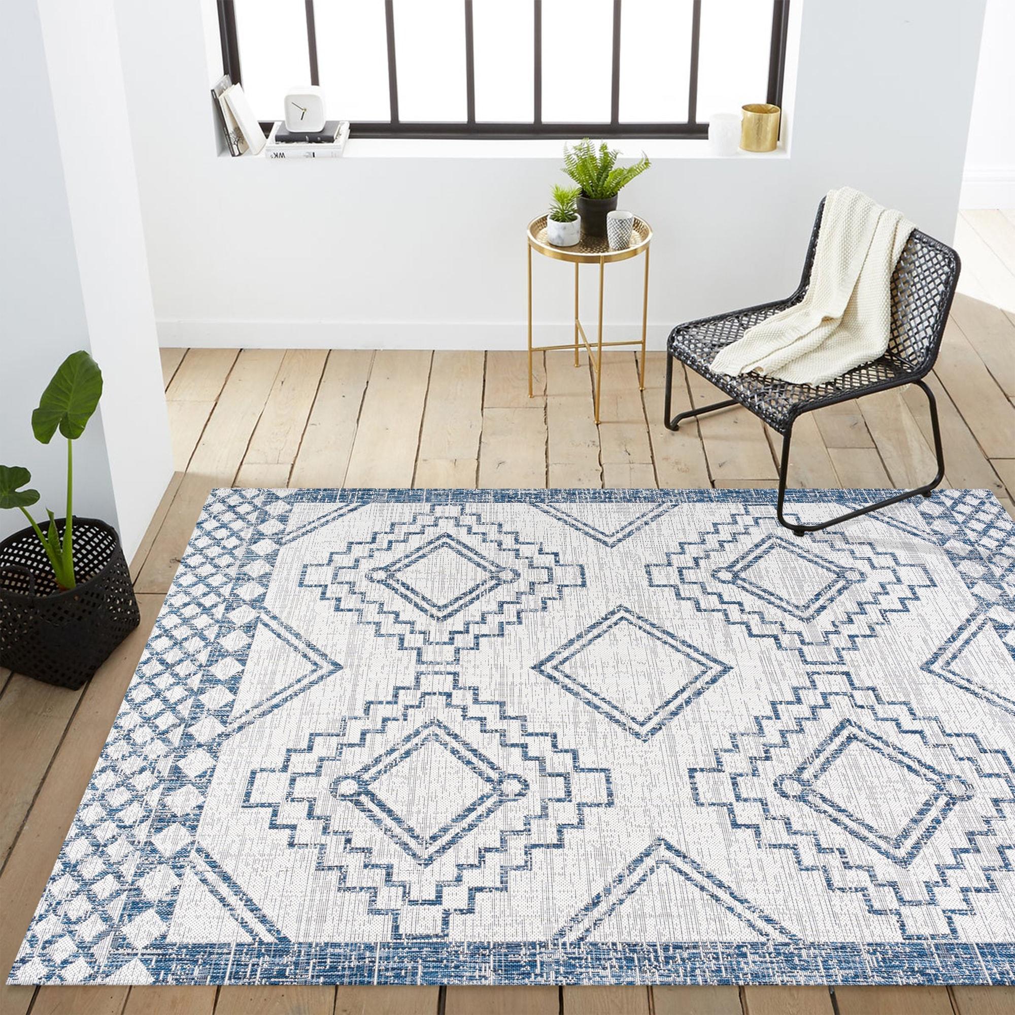 3'x5' Marokko Diamond  Medallion Indoor/Outdoor Area Rug, Ivory/Blue - JONATHAN Y