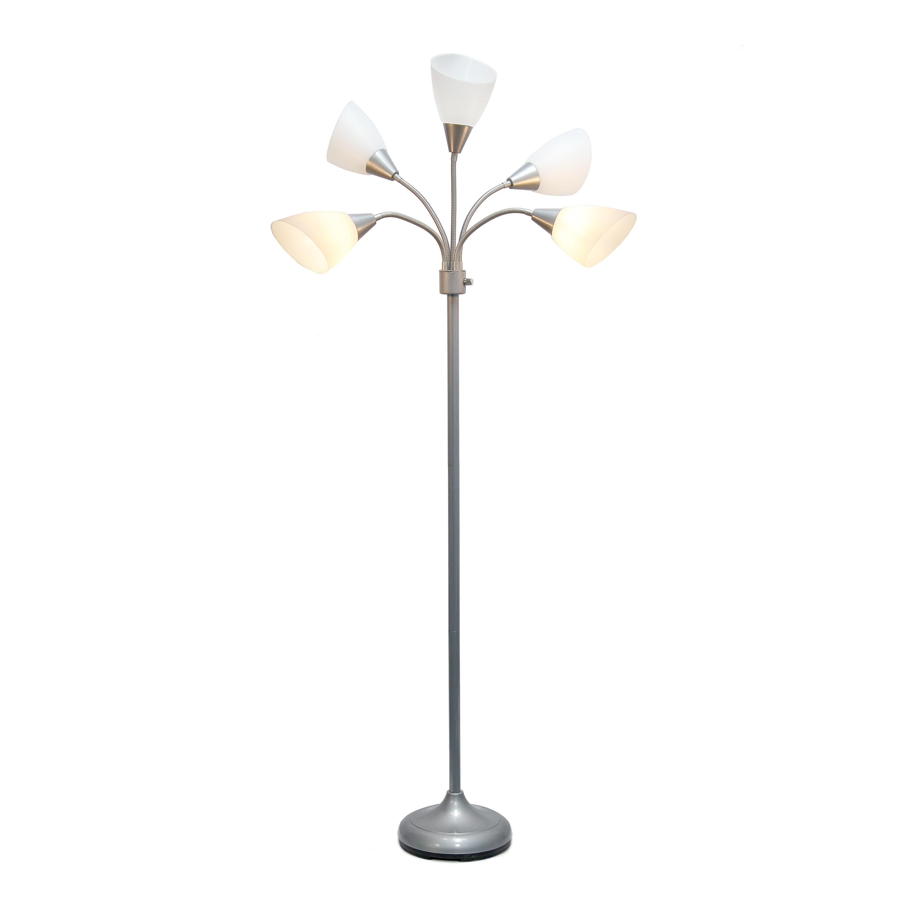 Simple Designs 67" Medusa 5-Light Adjustable Gooseneck Floor Lamp, Silver with White Shades