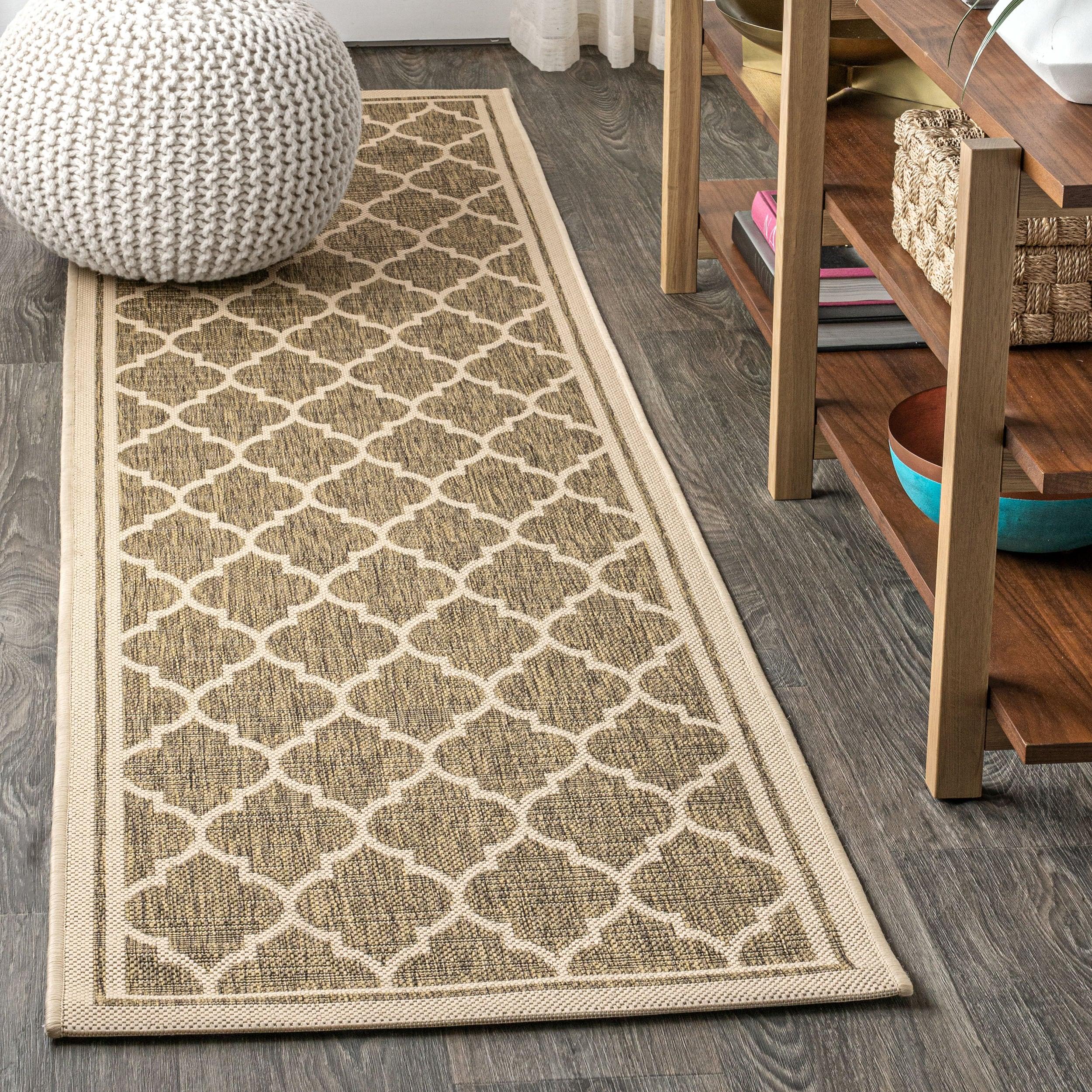 2' x 10' Trebol Moroccan Trellis Textured Weave Indoor/Outdoor Runner Rug, Brown/Beige - JONATHAN Y