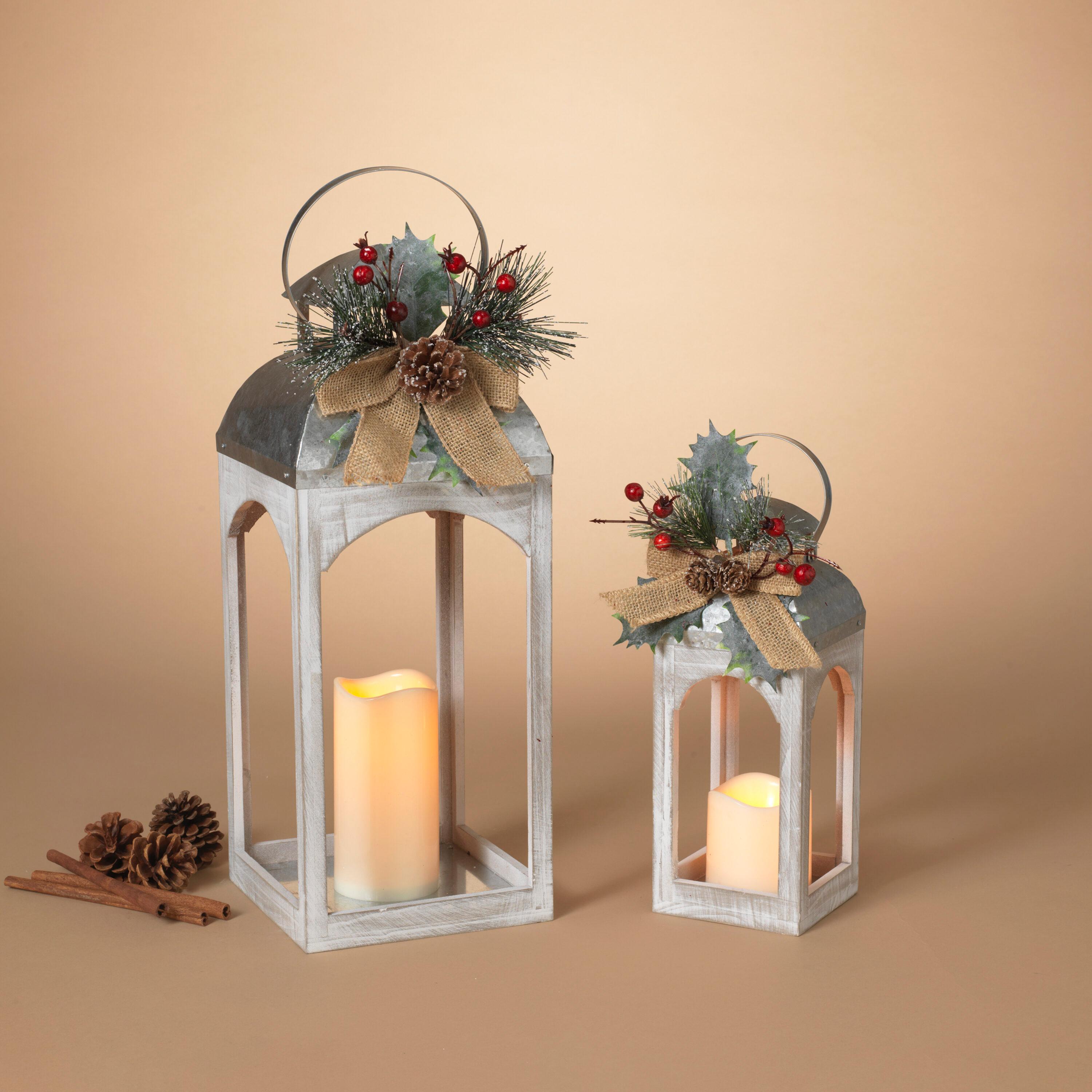 Gerson 2601420 Set of 2 Battery Operated Lighted Metal and Wood Holiday Lanterns with LED Candle and Floral Accent 18" H