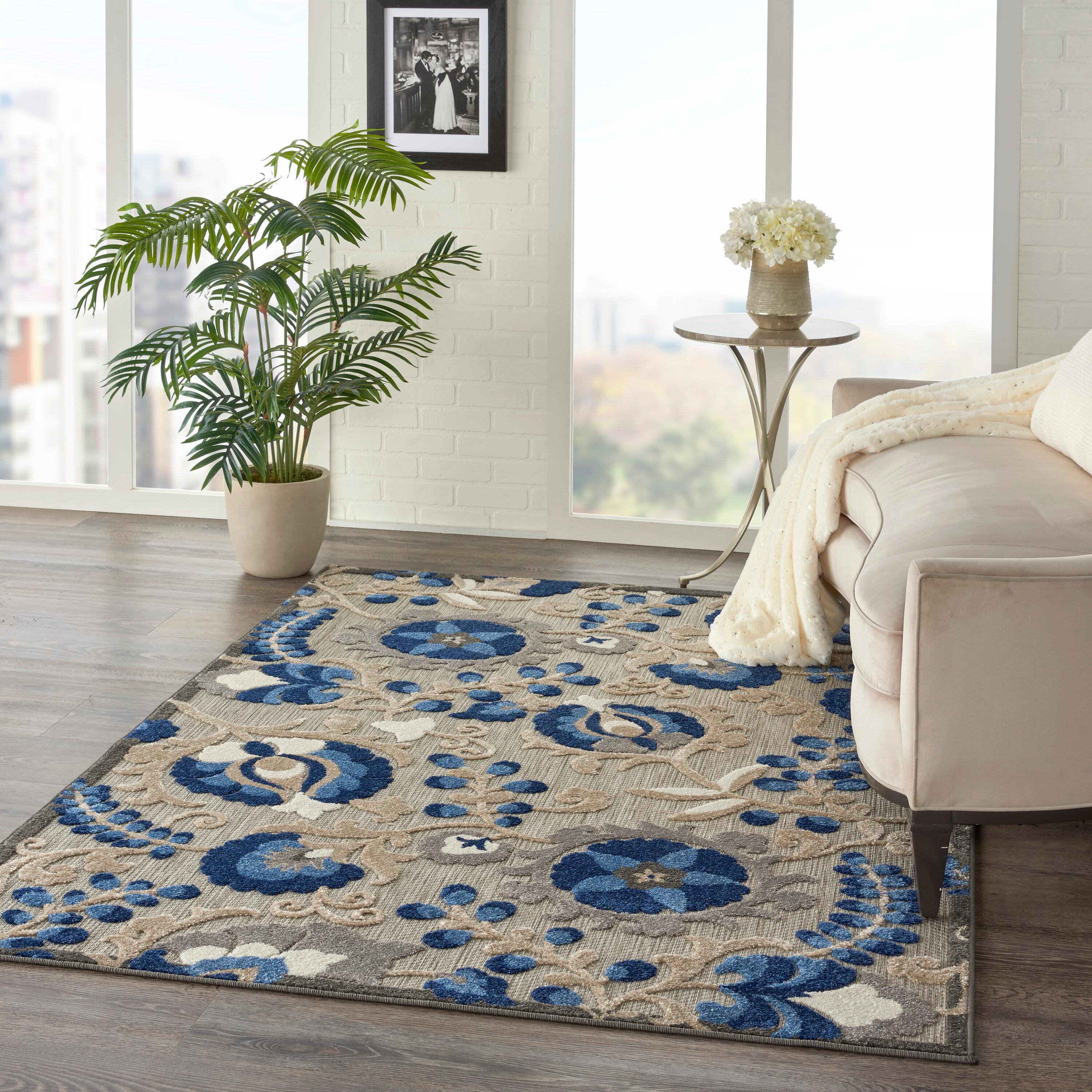 Nourison Aloha Floral Textured Flatweave High-Low Indoor Outdoor Area Rug Natural/Blue 3'6" x 5'6"