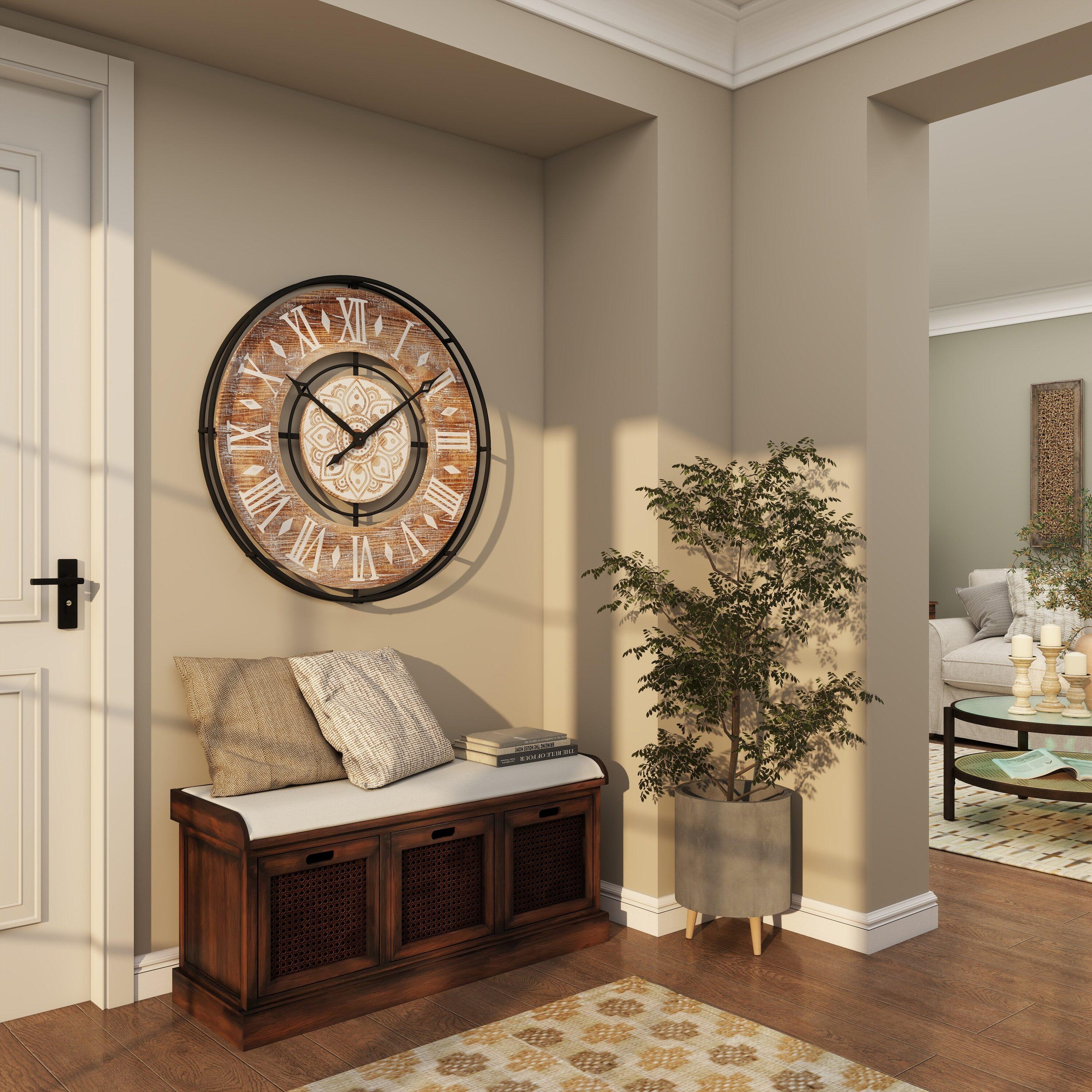DecMode 34" Brown Metal Floral Wall Clock with Wood Accents