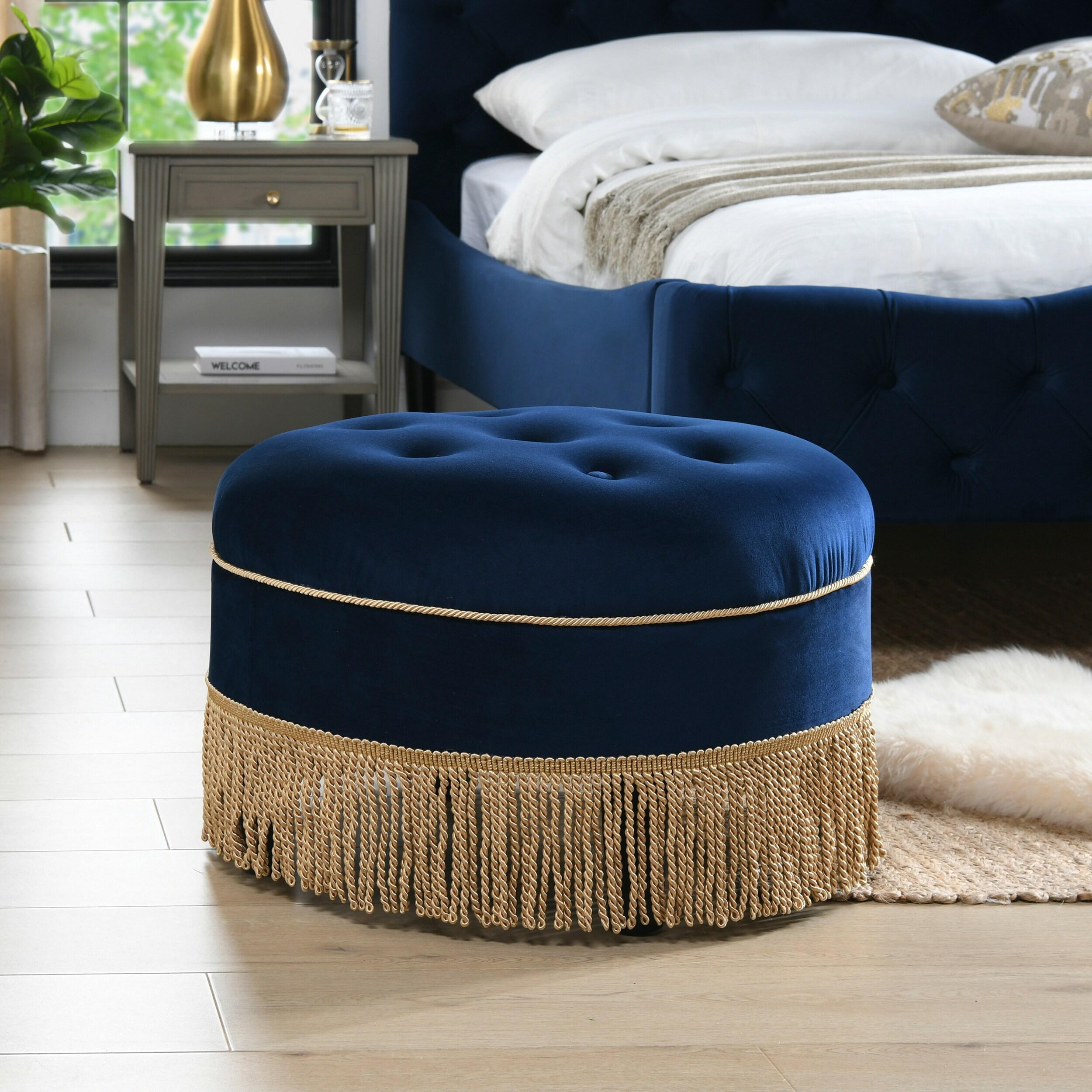 Jennifer Taylor Home Yolanda Upholstered Round Accent Ottoman, Navy Blue Velvet with Gold Trim