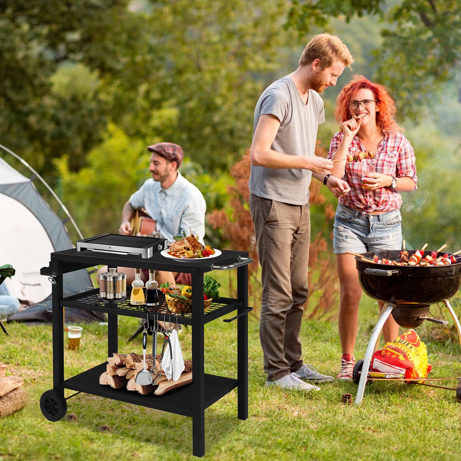 Ktaxon Grill Cart Grill Table Movable Dining Cart Preparation Work Table w/ Wheels & Hooks, Black