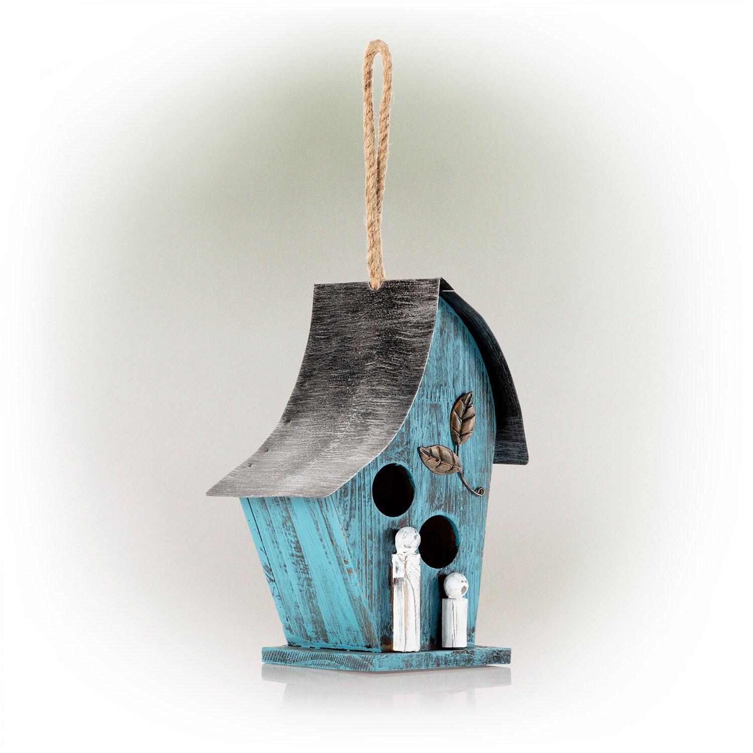 21" Tall Blue Distressed Wood and Metal Hanging Birdhouse