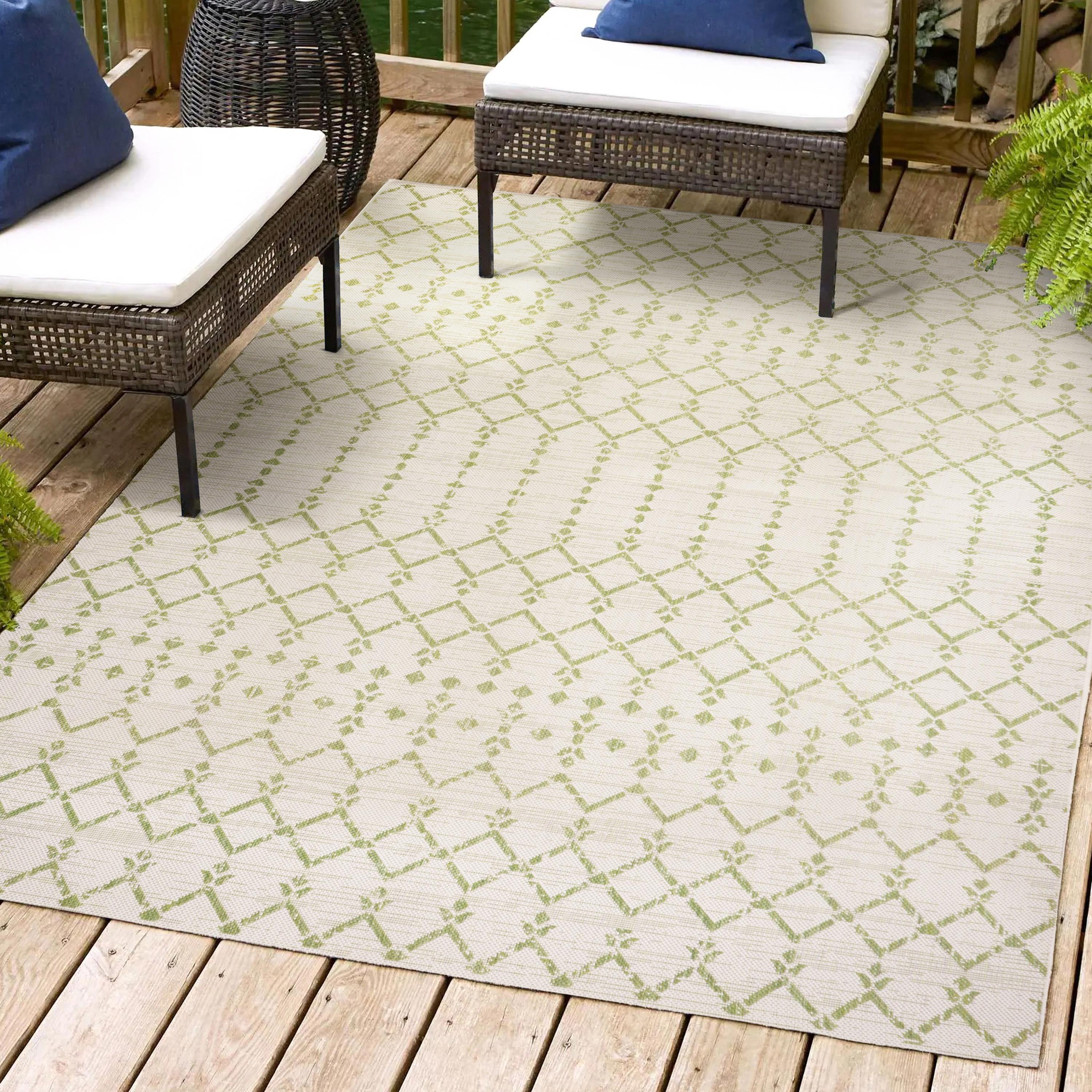 3' x 5' Ourika Moroccan Geometric Textured Weave Indoor/Outdoor Area Rug, Cream/Green - JONATHAN Y