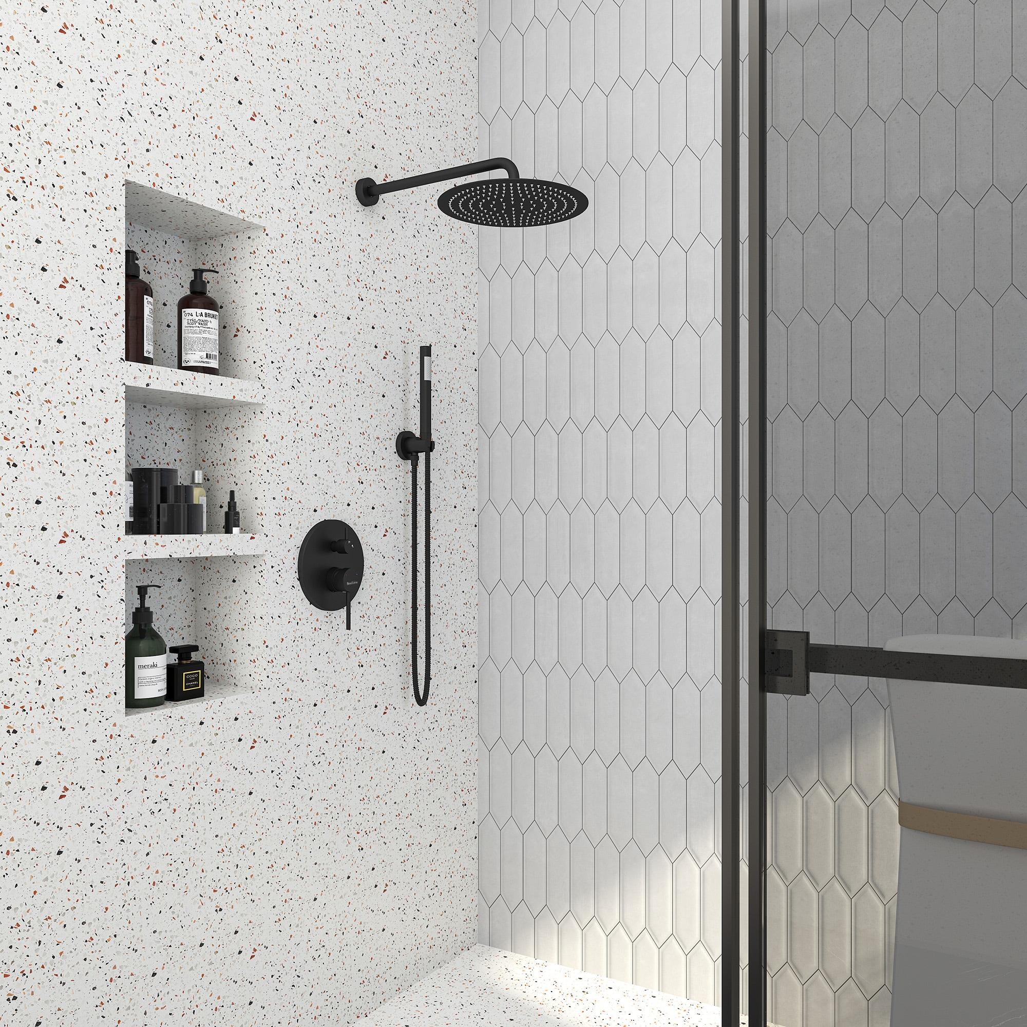 High-Pressure Shower System with 10 Inch Round Rain Shower Head and Handheld Wall Mounted, Shower Faucet Set Combo Set with 2 in 1 Handheld Showerhead for Bathroom, Matte Black