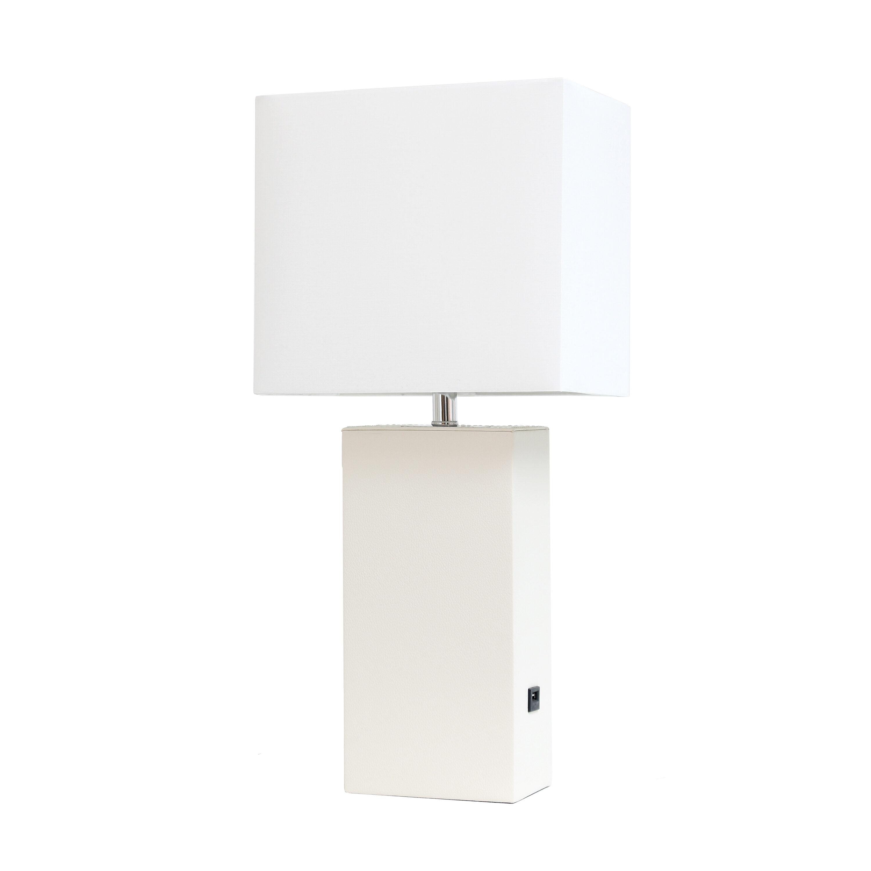 Lalia Home 21" Lexington Leather Base Modern Home Decor Bedside Table Lamp with USB Charging Port White : Fabric Shade