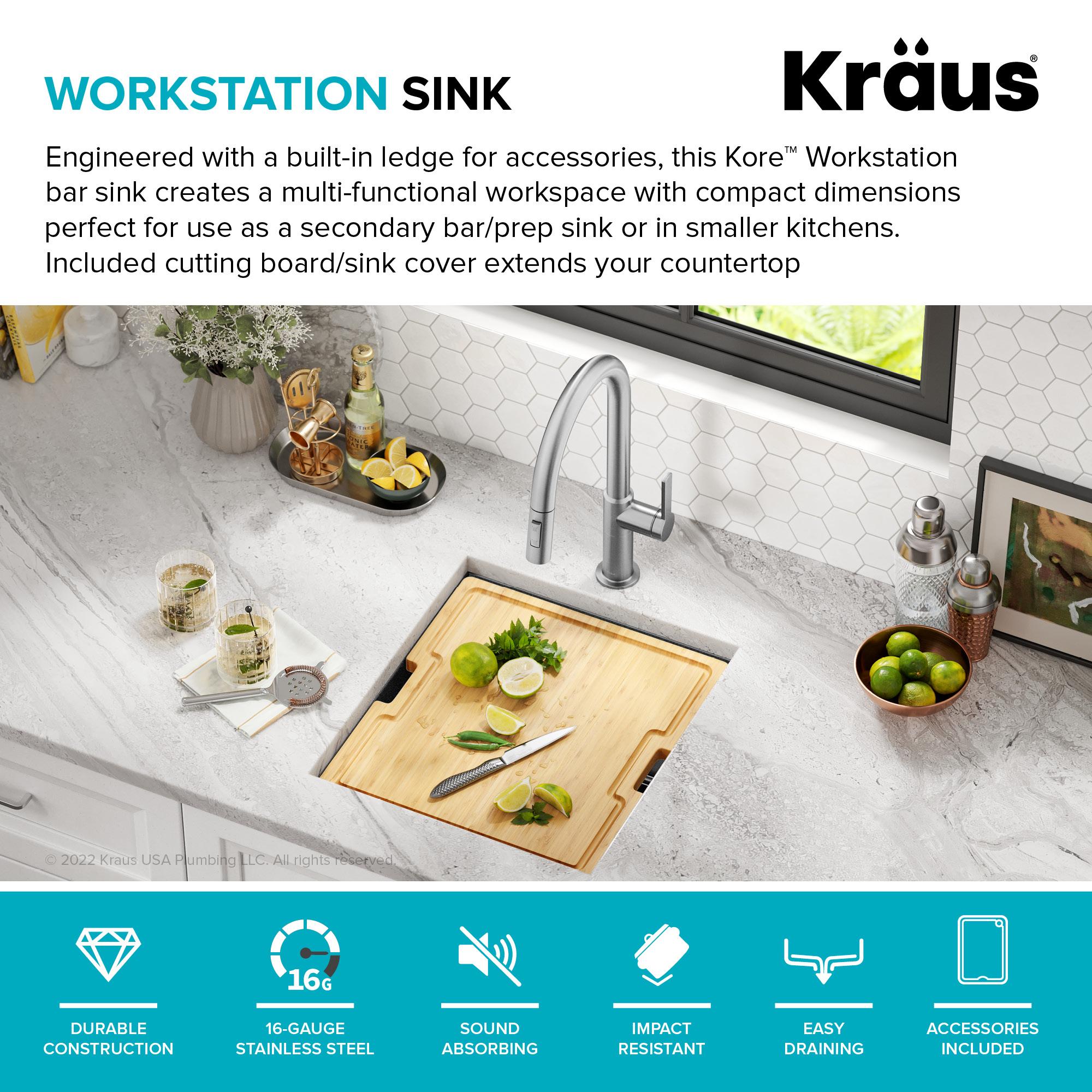 KRAUS Kore™ Undermount Workstation 16 Gauge Black Stainless Steel Single Bowl Kitchen Sink in PVD Gunmetal Finish