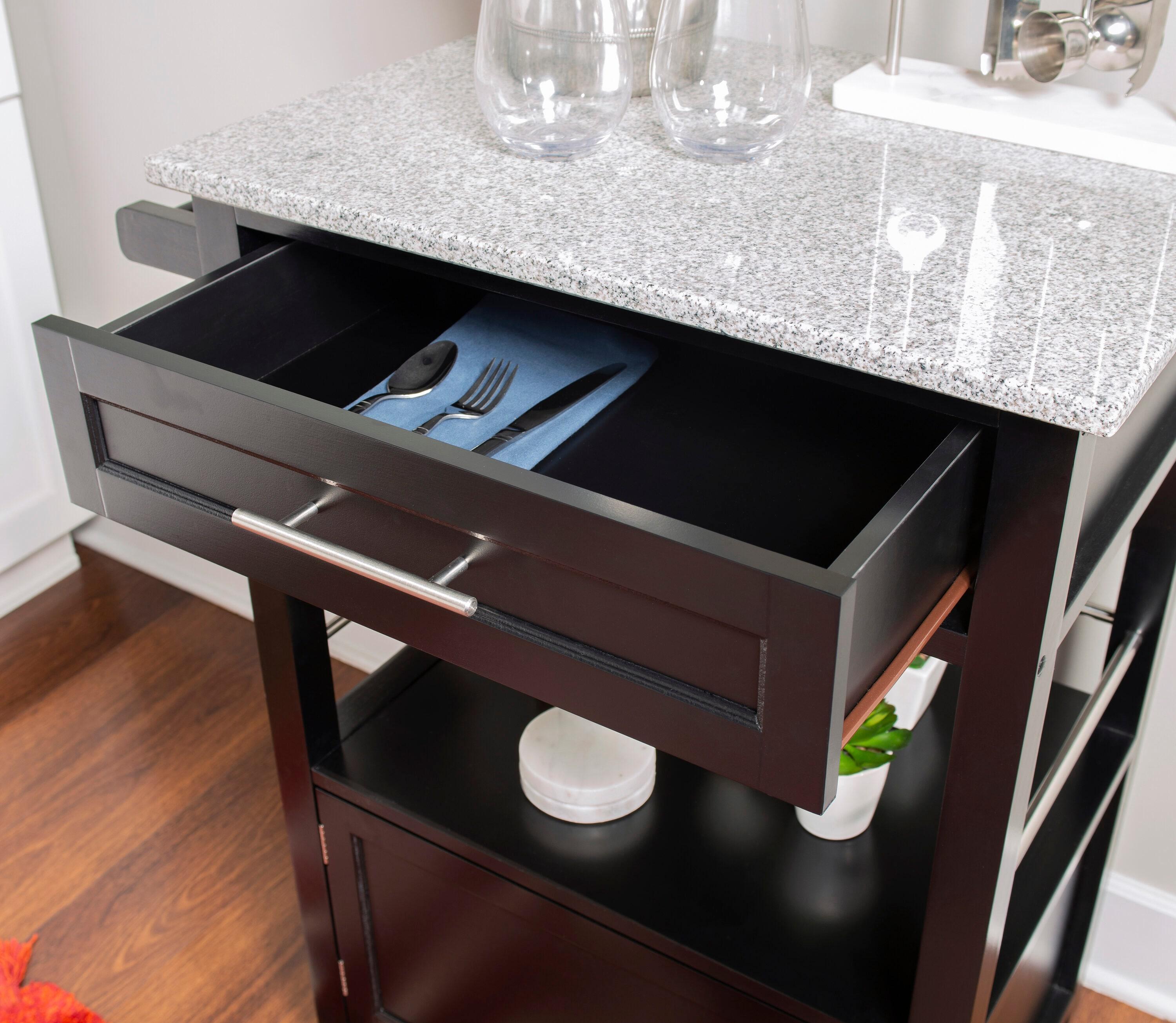 Mitchell Black Wood Granite Top Kitchen Cart: Storage, Towel Bar, Locking Casters - Linon