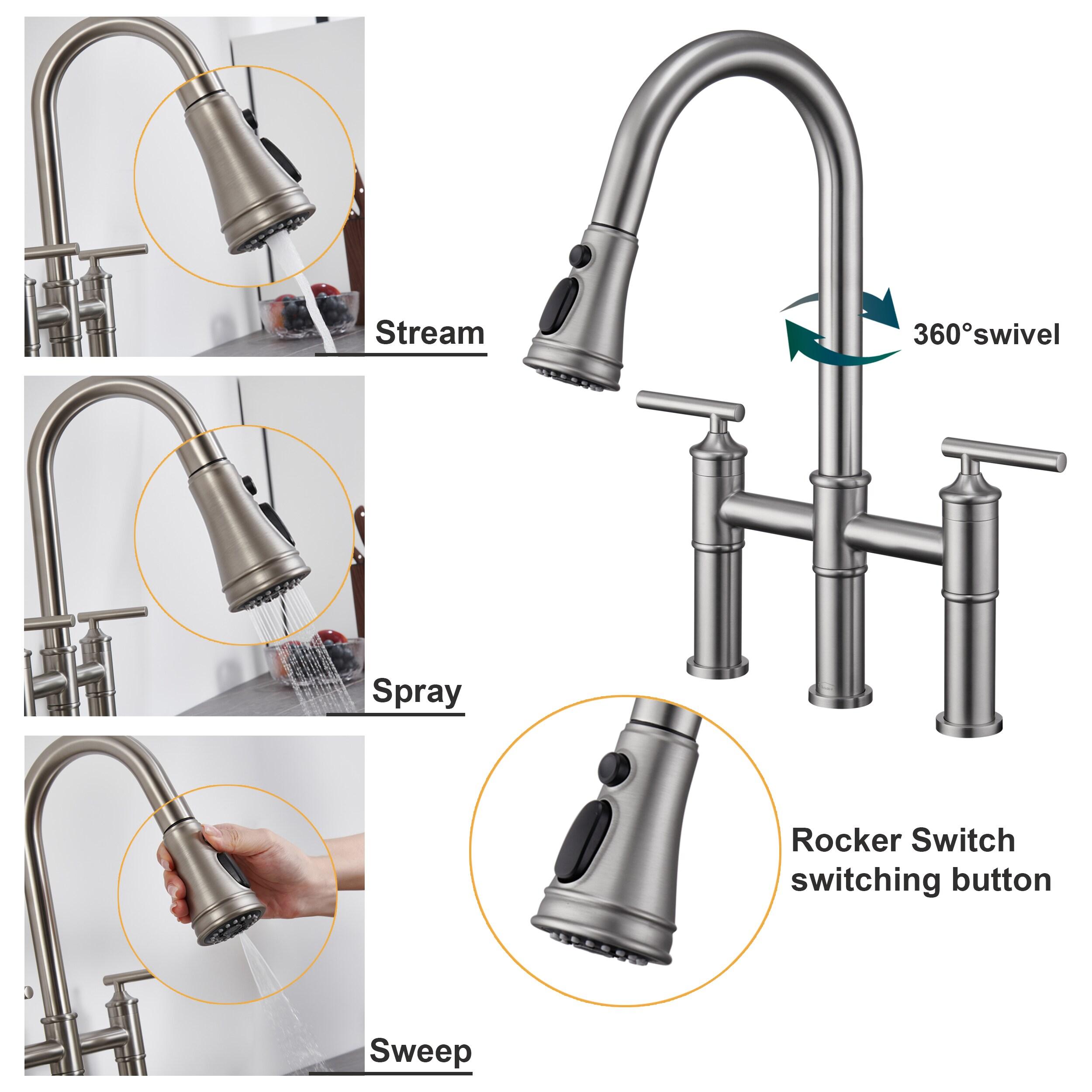Brushed Nickel Double Handle Bridge Kitchen Faucet with Pull-Out Spray