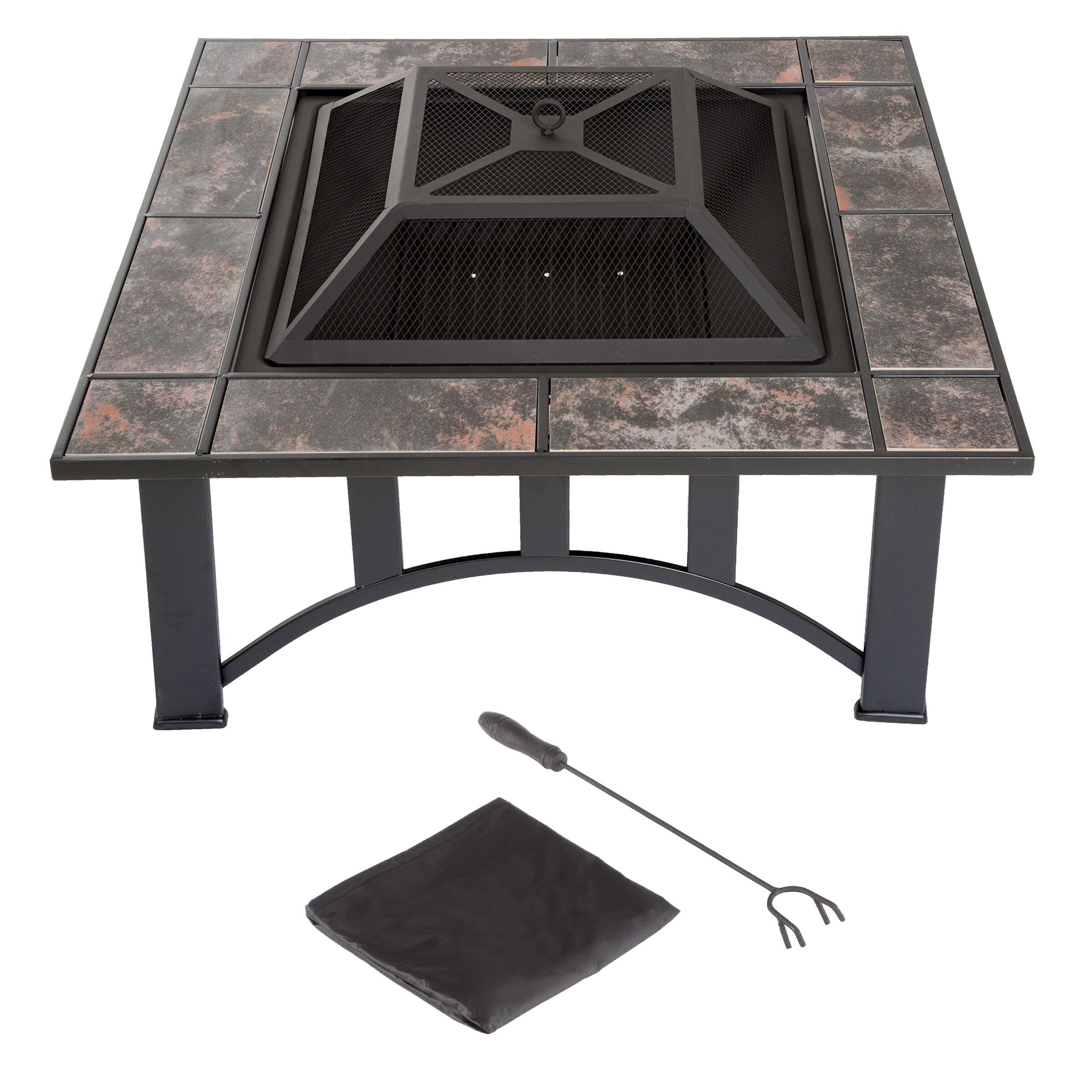 Nature Spring 33" Square Fire Pit With Tile Surround – Black and Orange
