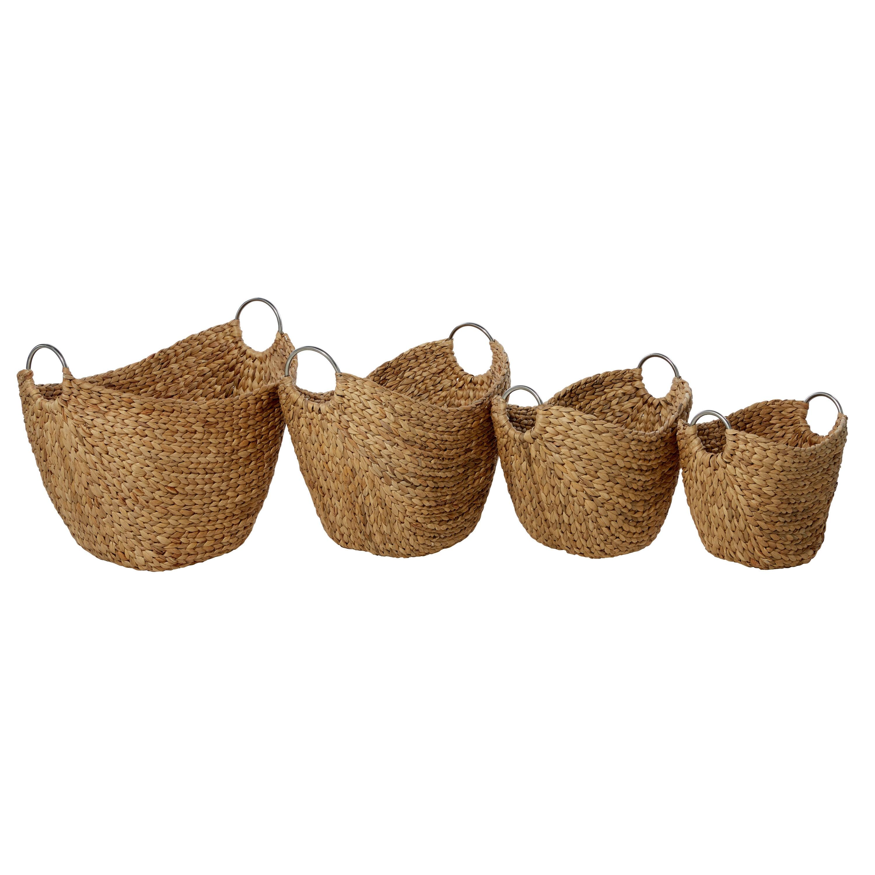 4 Piece Brown Seagrass Handmade Woven Storage Basket with Metal Handles Set