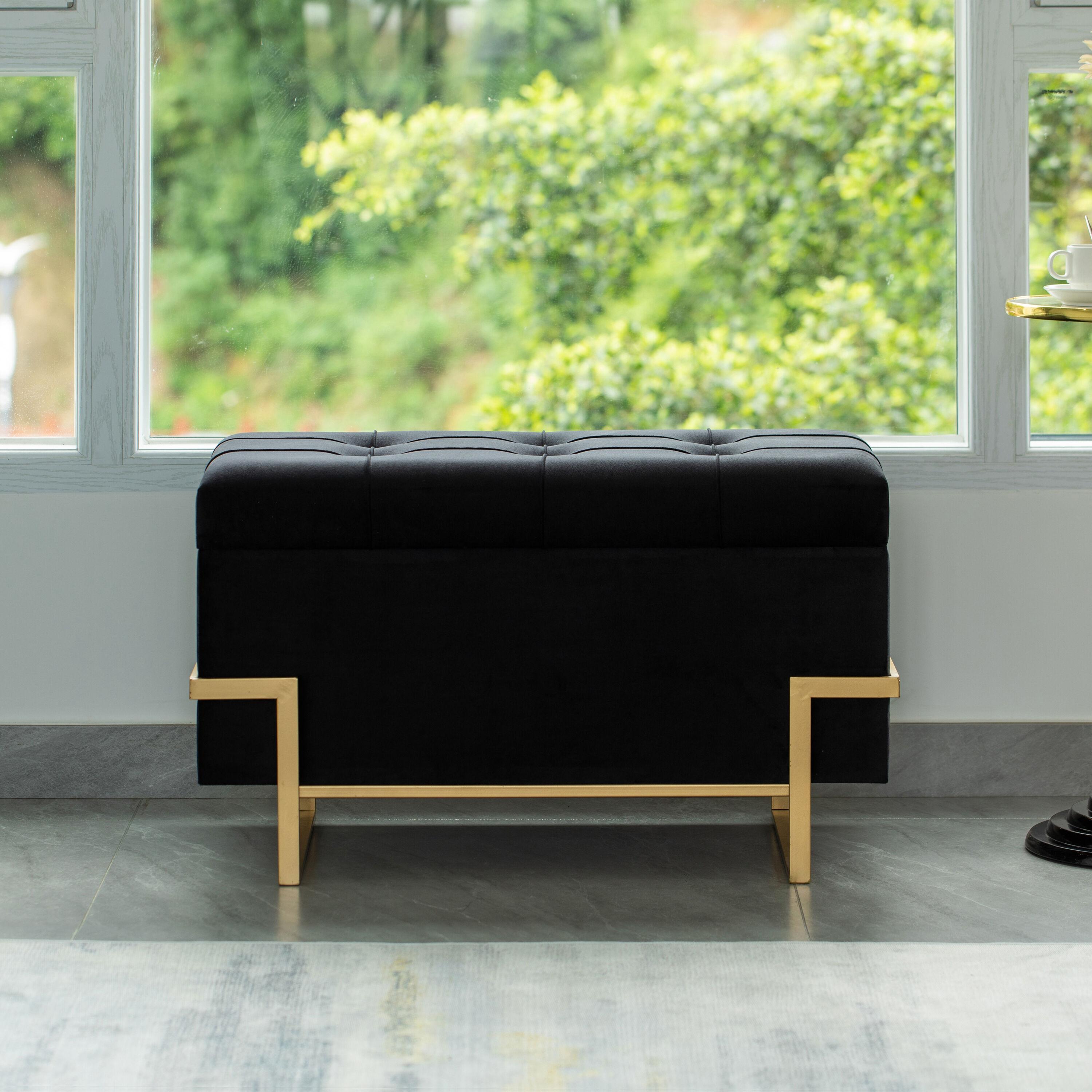 Fabulaxe Rectangle Velvet Storage Ottoman with Abstract Golden Legs | Sitting Bench for Living Room Home Decor with Unique Base Support (Black Large)