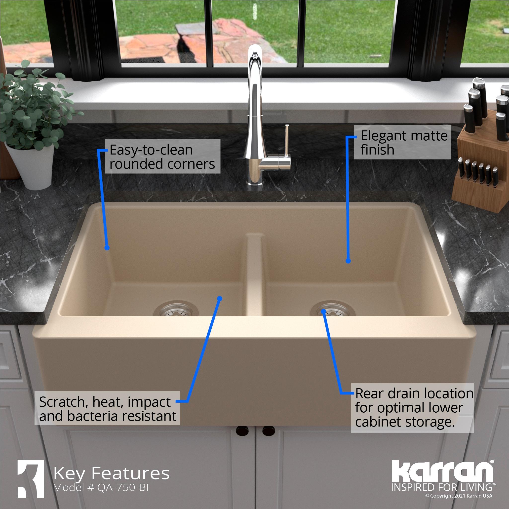 Karran Quartz 34'' X 21-1/4'' 50/50 Double Bowl Farmhouse/Apron Front Kitchen Sink Kit