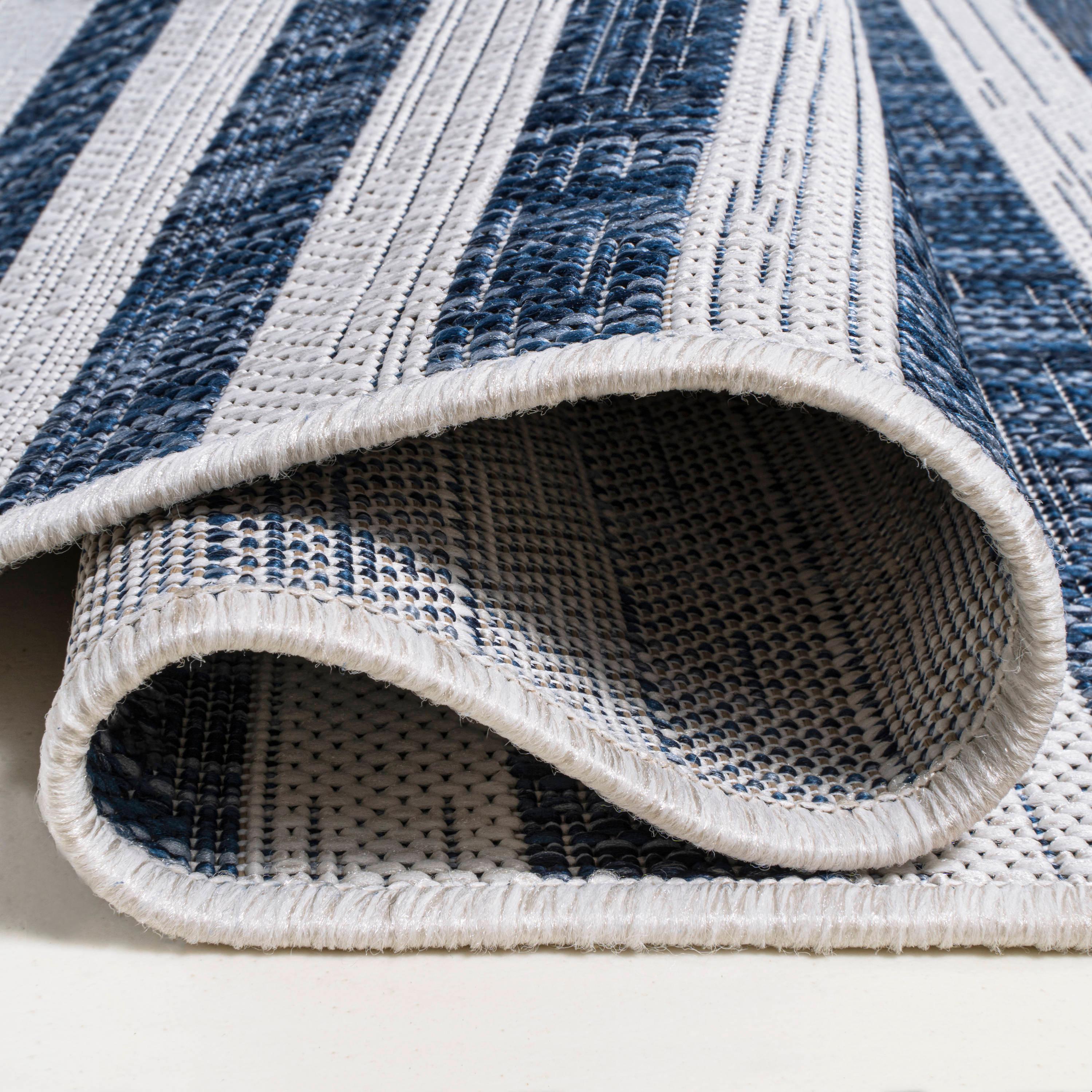 2'x8' Sukie Modern Offset Stripe Indoor/Outdoor Runner Rug, Ivory/Blue - JONATHAN Y