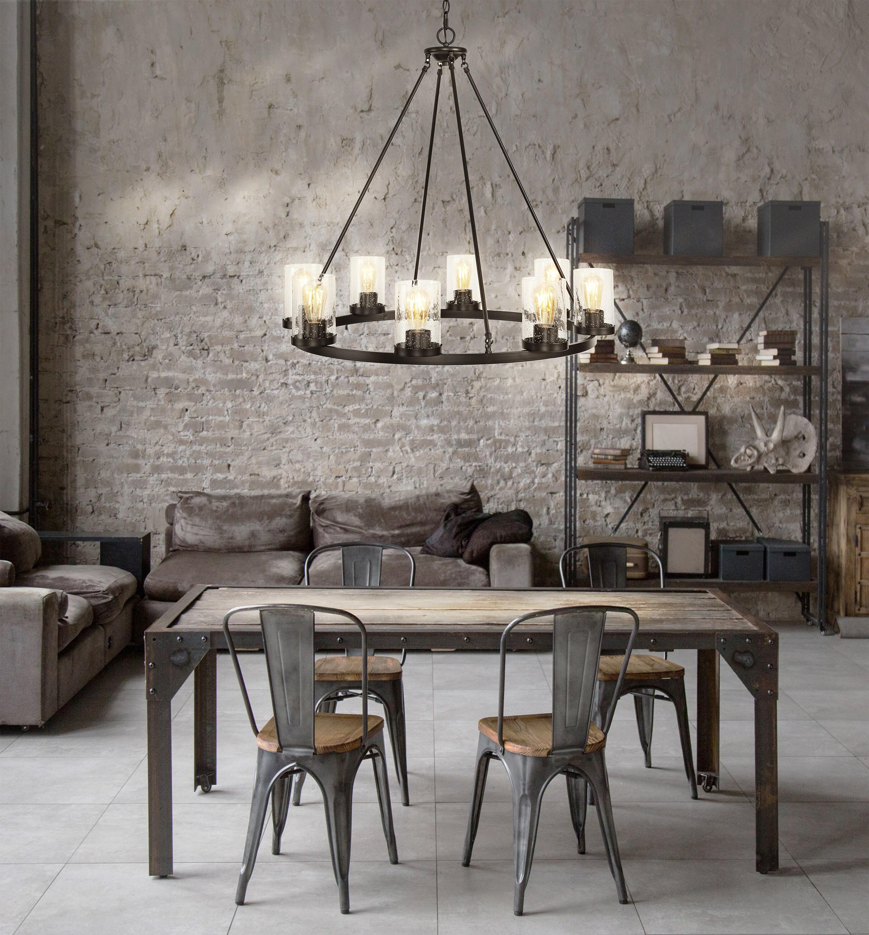 JONATHAN Y JYL7554A Coronet 33.5" 8-Light Iron/Seeded Glass Rustic Farmhouse Round LED Chandelier, Industrial, Vintage for living room, dinning room, bedroom Bulb Included, Oil Rubbed Bronze