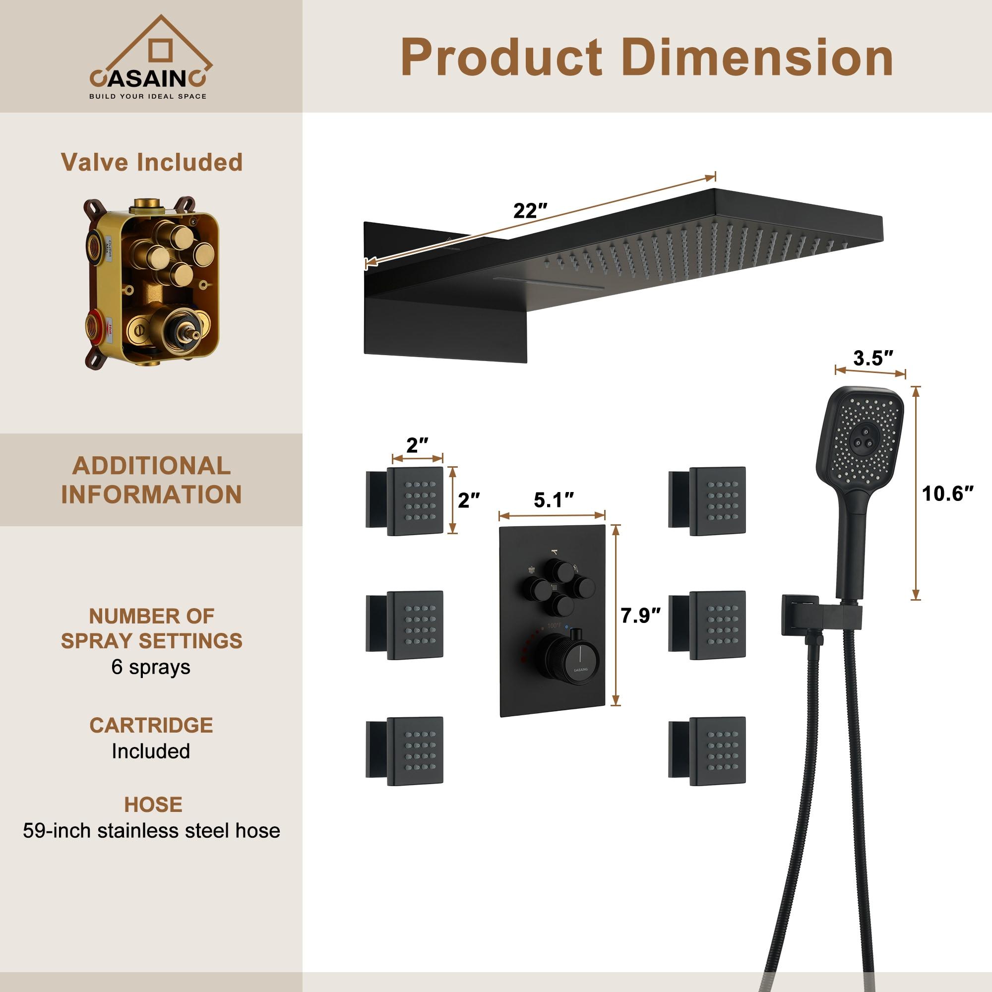 Cascade Bliss 4-Function 20 Inch Wall Mounted Rectangular Rainfall Thermostatic Shower System With 6 Body Jets