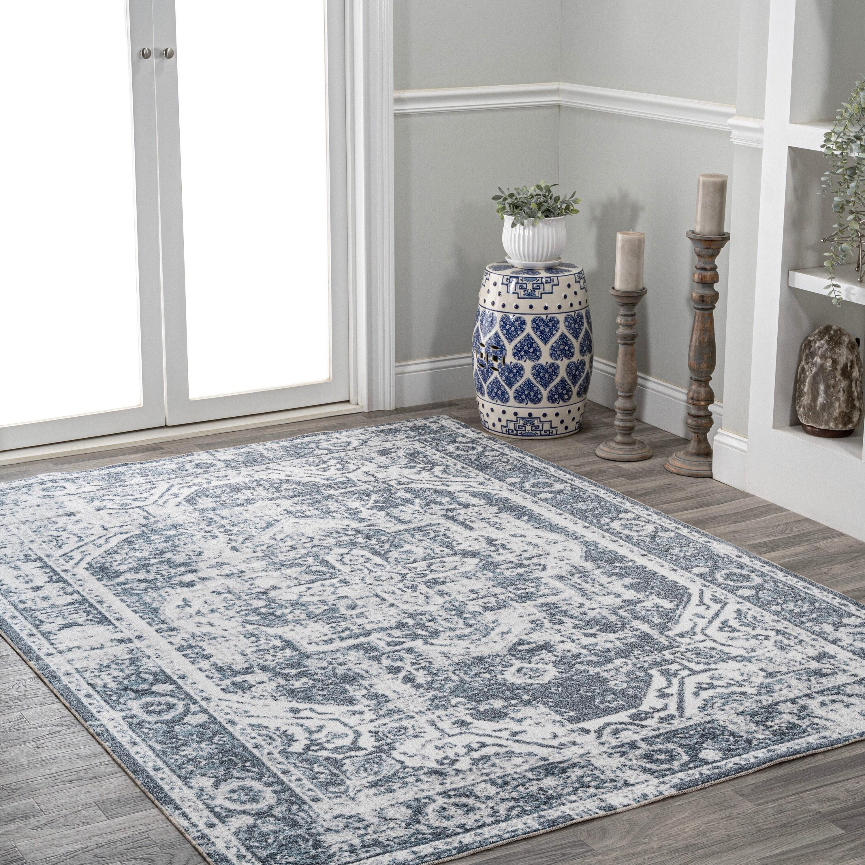 JONATHAN Y Keesha Bold Distressed Medallion Low-Pile Machine-Washable Cream/Blue 5 ft. x 8 ft. Area Rug