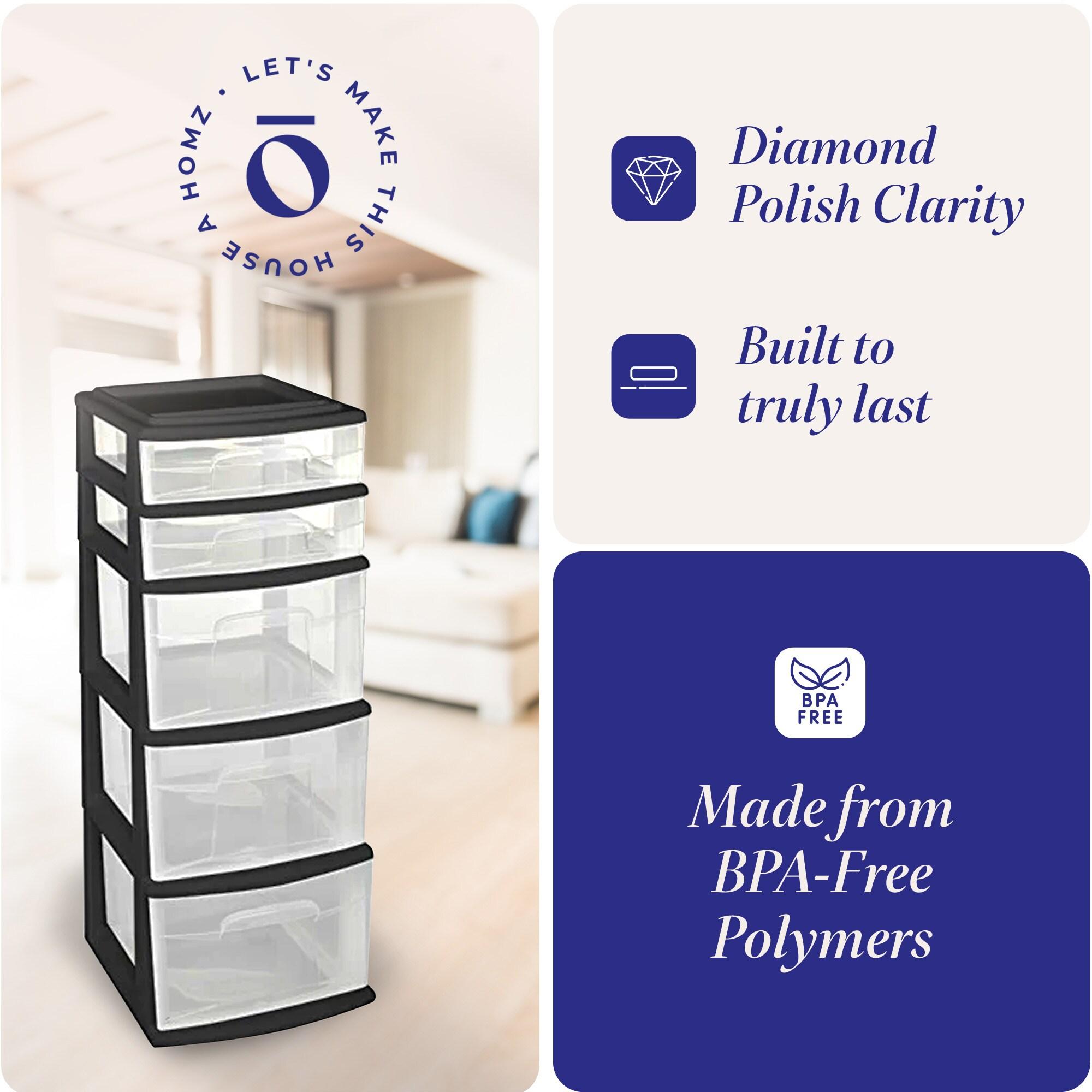 Homz Plastic 5 Clear Drawer Medium Home Closet Organizer Storage Container Tower with 3 Large Drawers and 2 Small Drawers, Black Frame