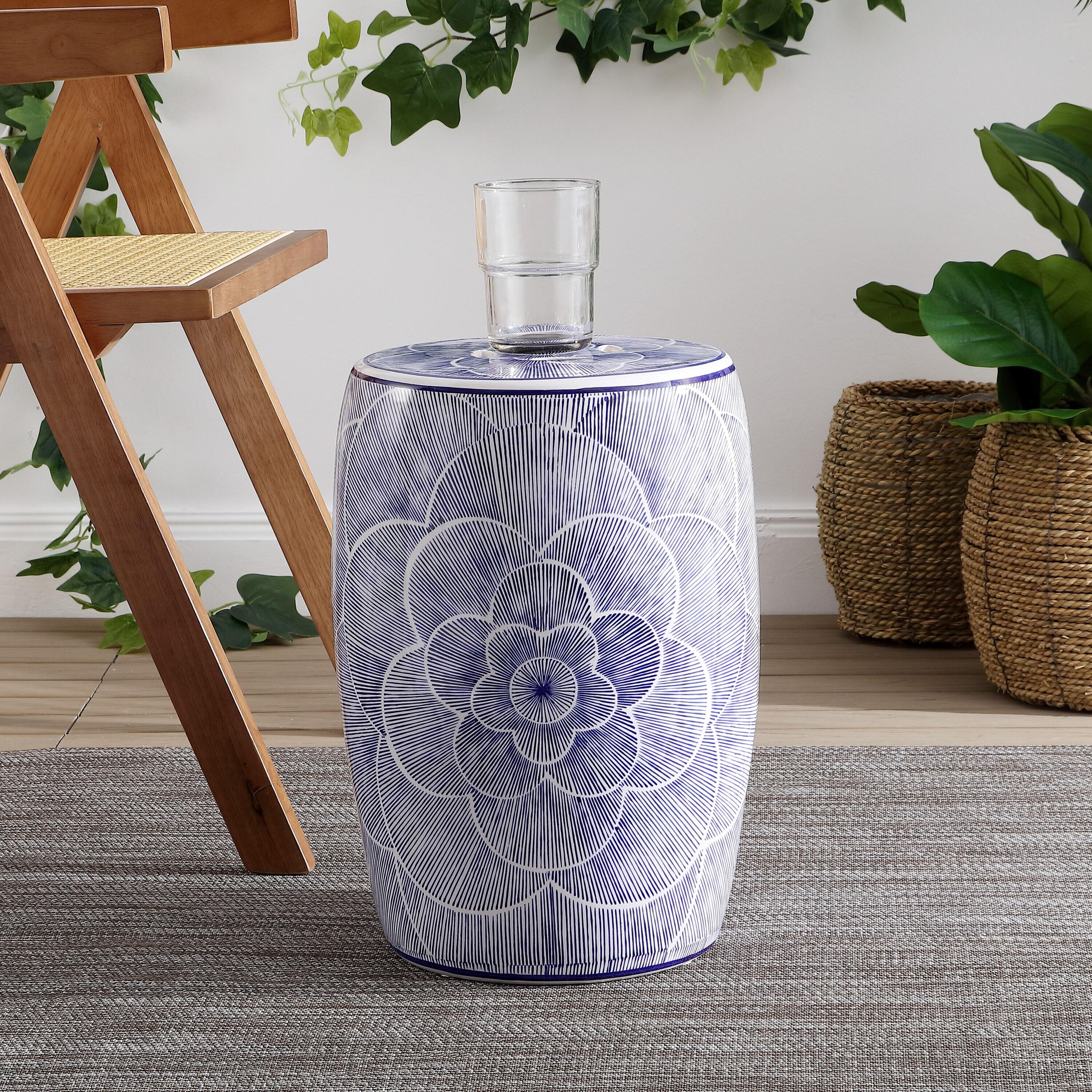 JONATHAN Y Camellia 17" Ceramic Drum Garden Stool, Blue