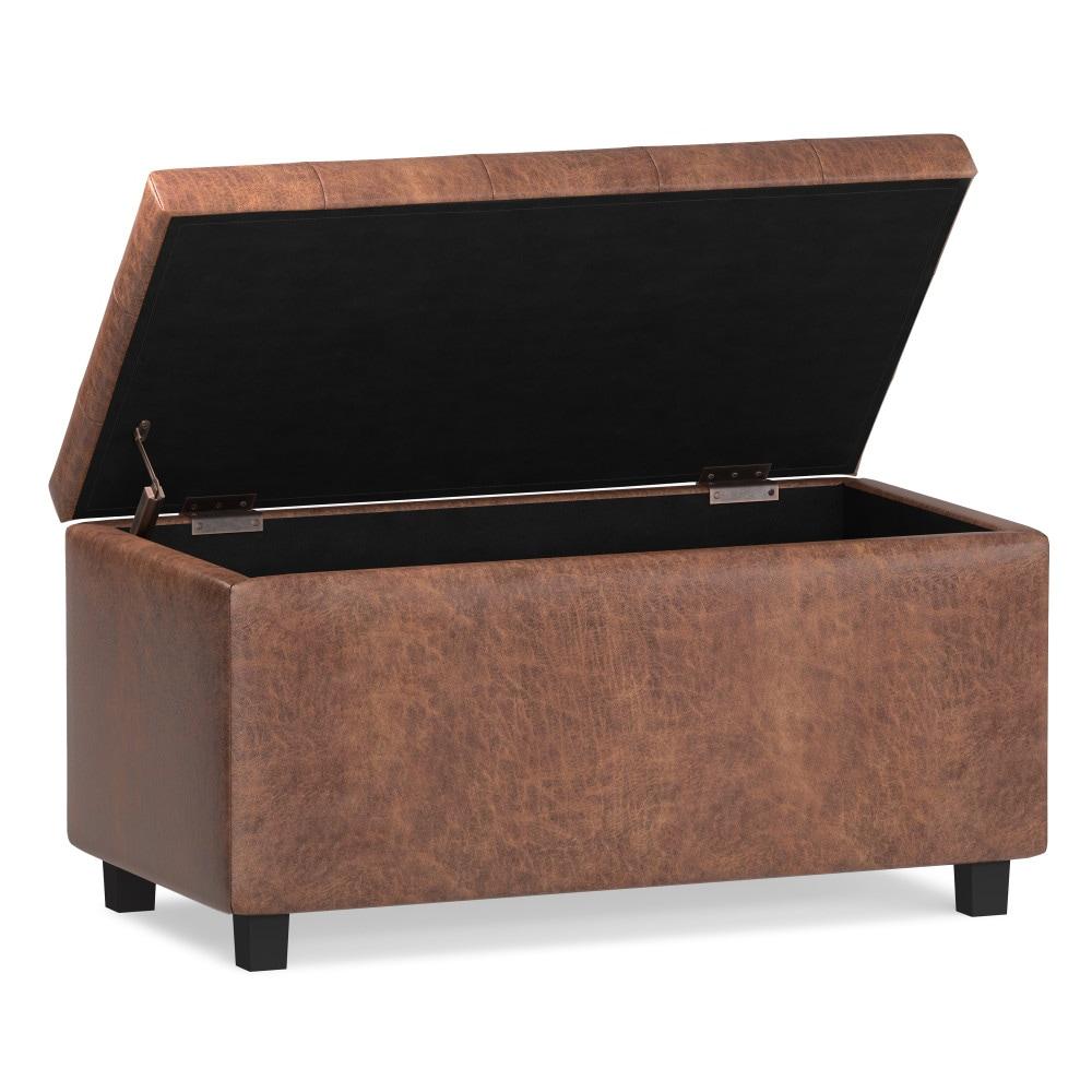 Simpli Home Cosmopolitan 34"W Upholstered Storage Ottoman with Tufted Design and Large Interior Storage