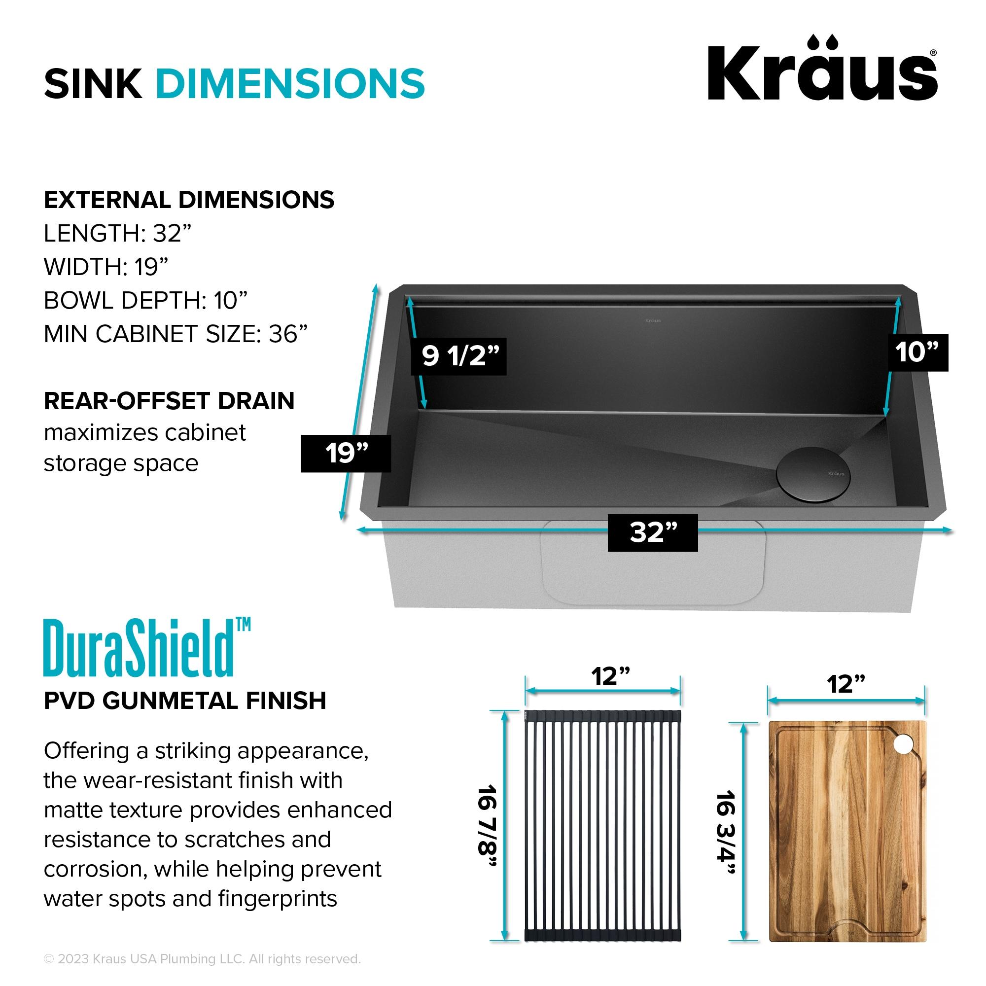 Kraus Kore Workstation 32 Undermount 16 Gauge Stainless Steel Single Bowl Kitchen Sink in PVD Gunmetal Finish with Accessories