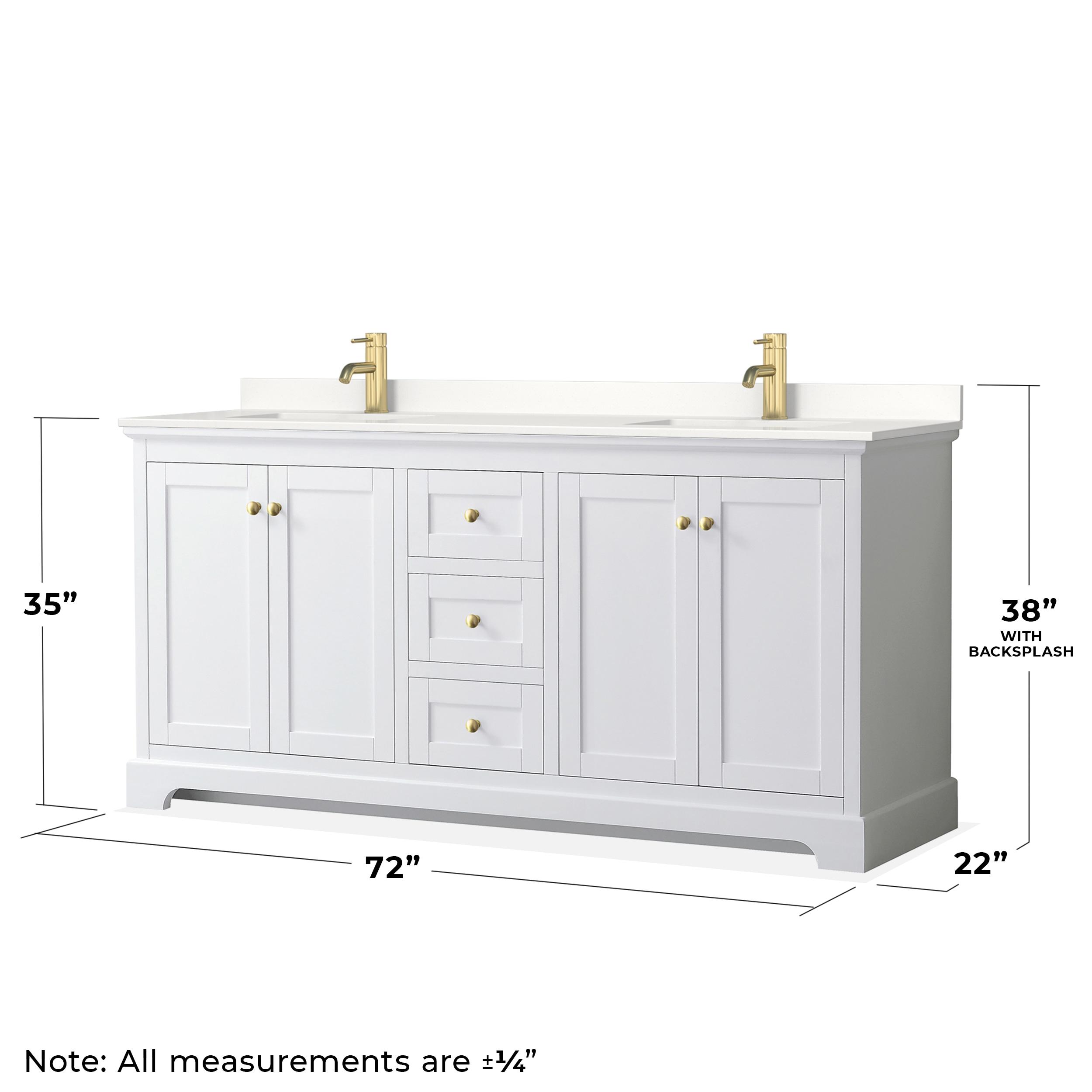 Avery 72-Inch White Double Vanity with Quartz Top and Gold Hardware