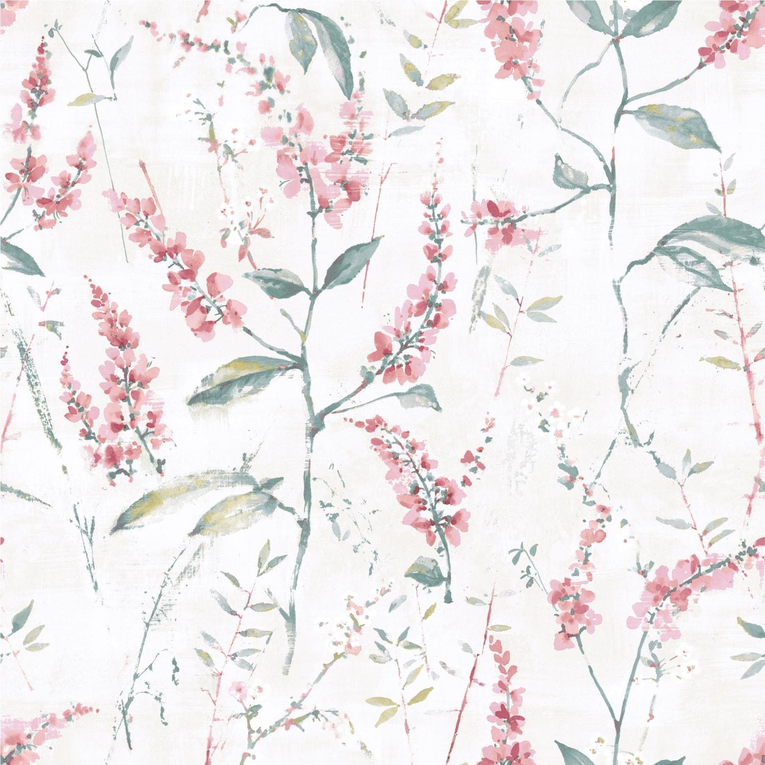 RoomMates Floral Sprig Peel and Stick Wallpaper Pink: Removable Vinyl Botanical Self-Adhesive, 28.2 Sq Ft Coverage
