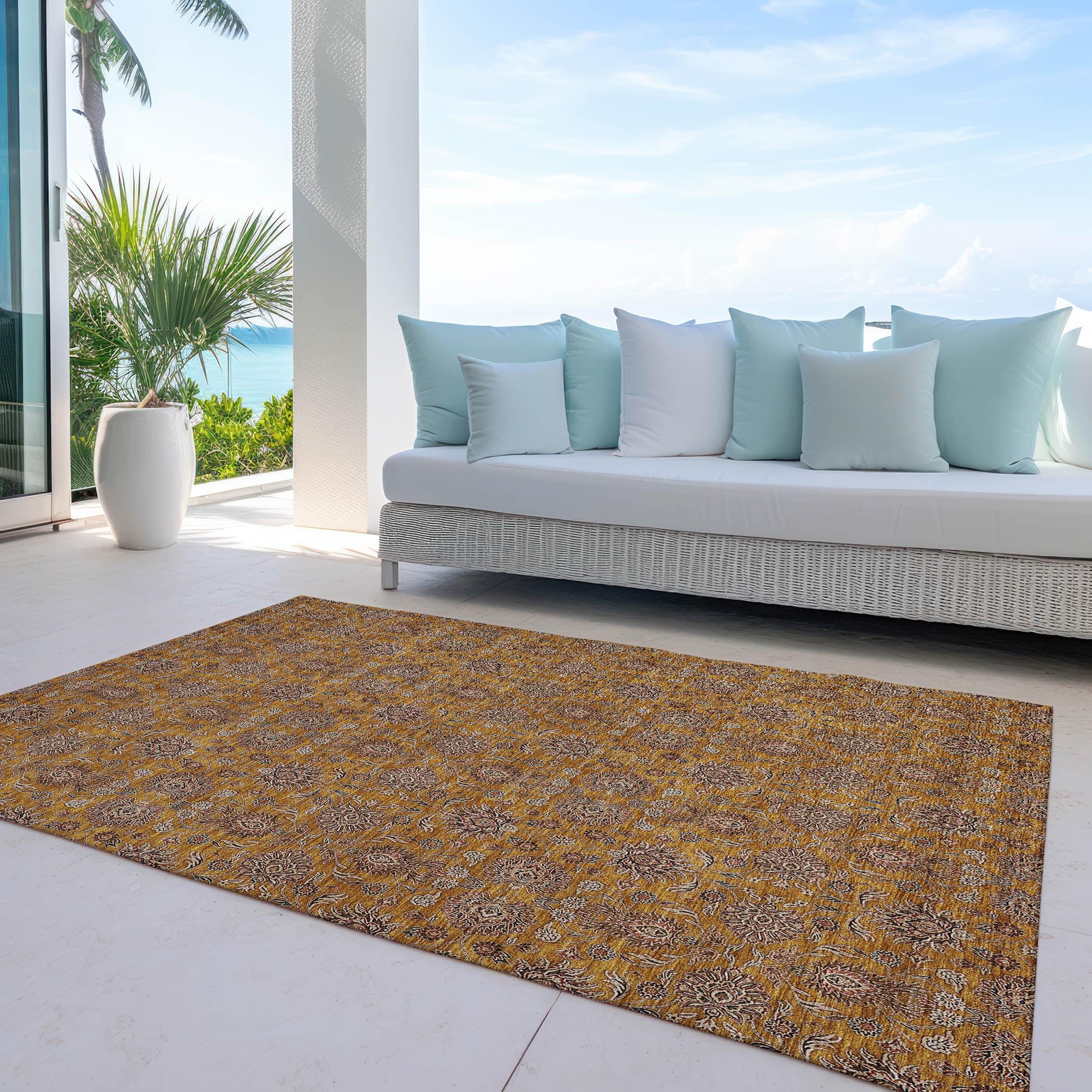 Copper Floral Pattern Machine Washable Indoor Outdoor Rug