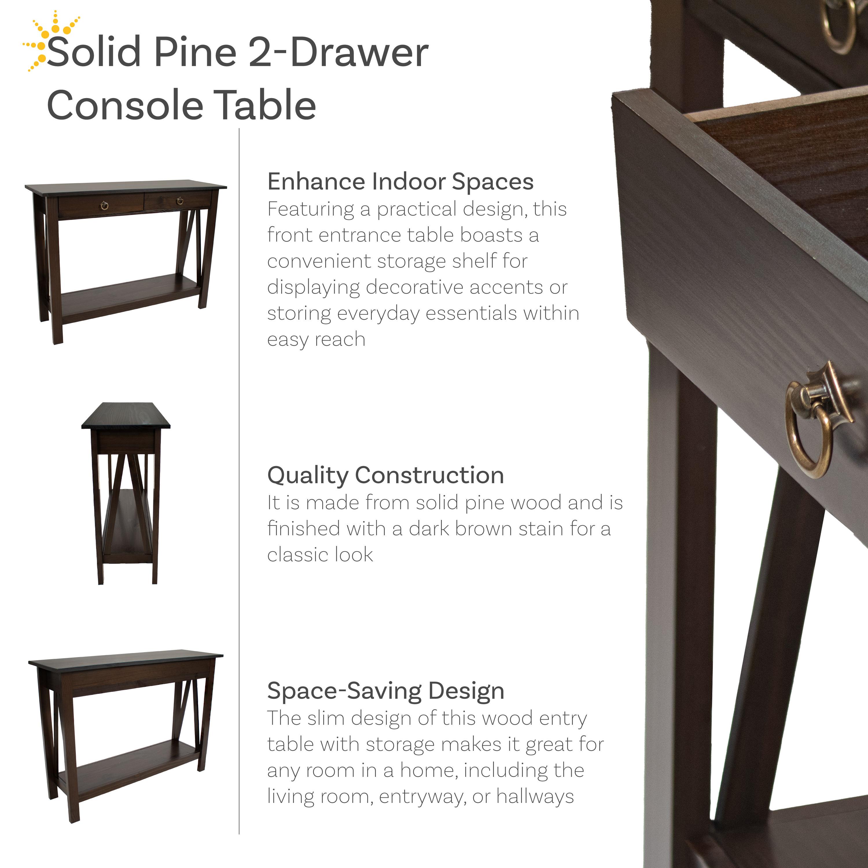 Sunnydaze Indoor Console Table with 2 Drawers and Shelf - Solid Pine Construction - Dark Brown - 42"