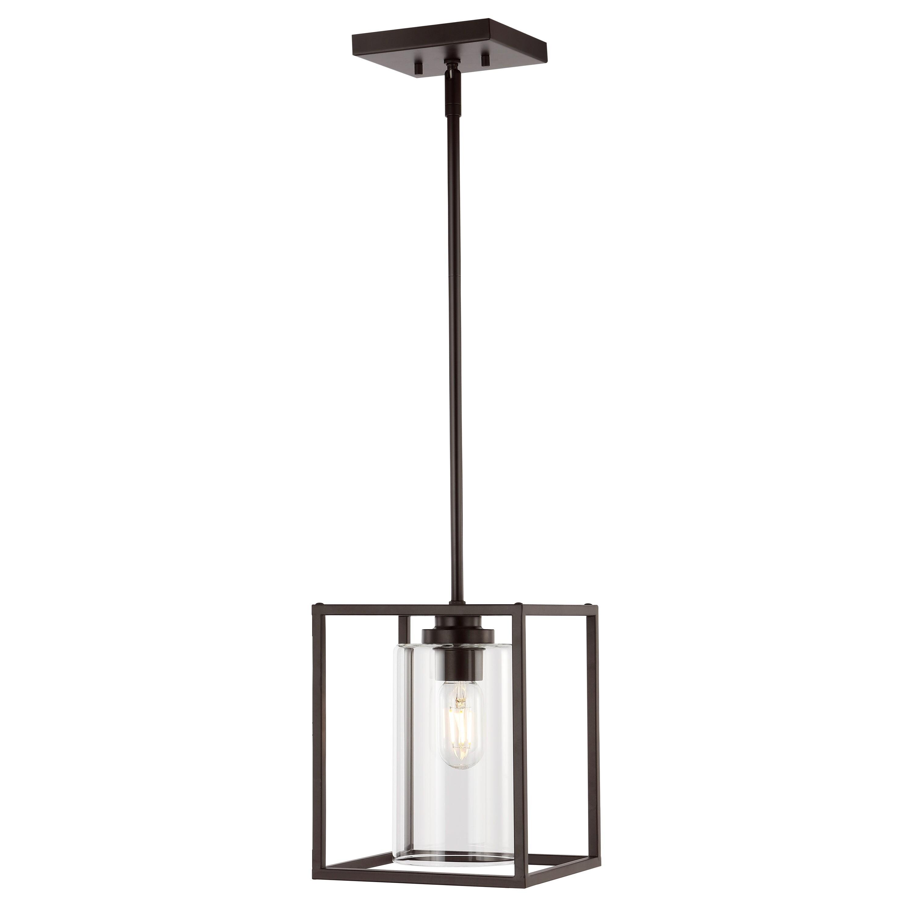 Quinn 8.13" 1-Light Industrial Farmhouse Iron/Glass LED Pendant, Oil Rubbed Bronze