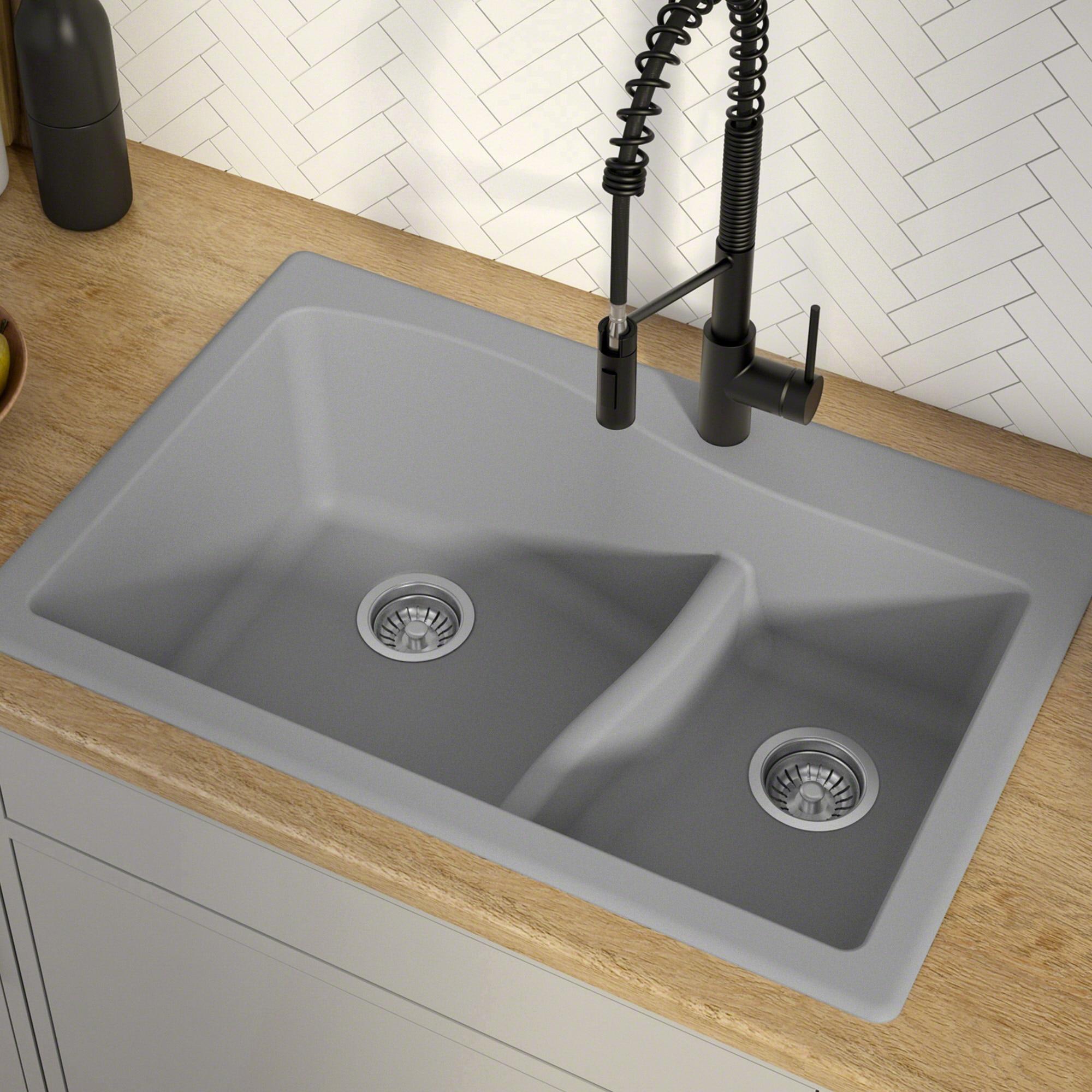 Kraus KRAUS Quarza™ 33" L Dual Mount 60/40 Double Bowl Granite Kitchen Sink and Strainers KGD-442GREY-PST1-GR
